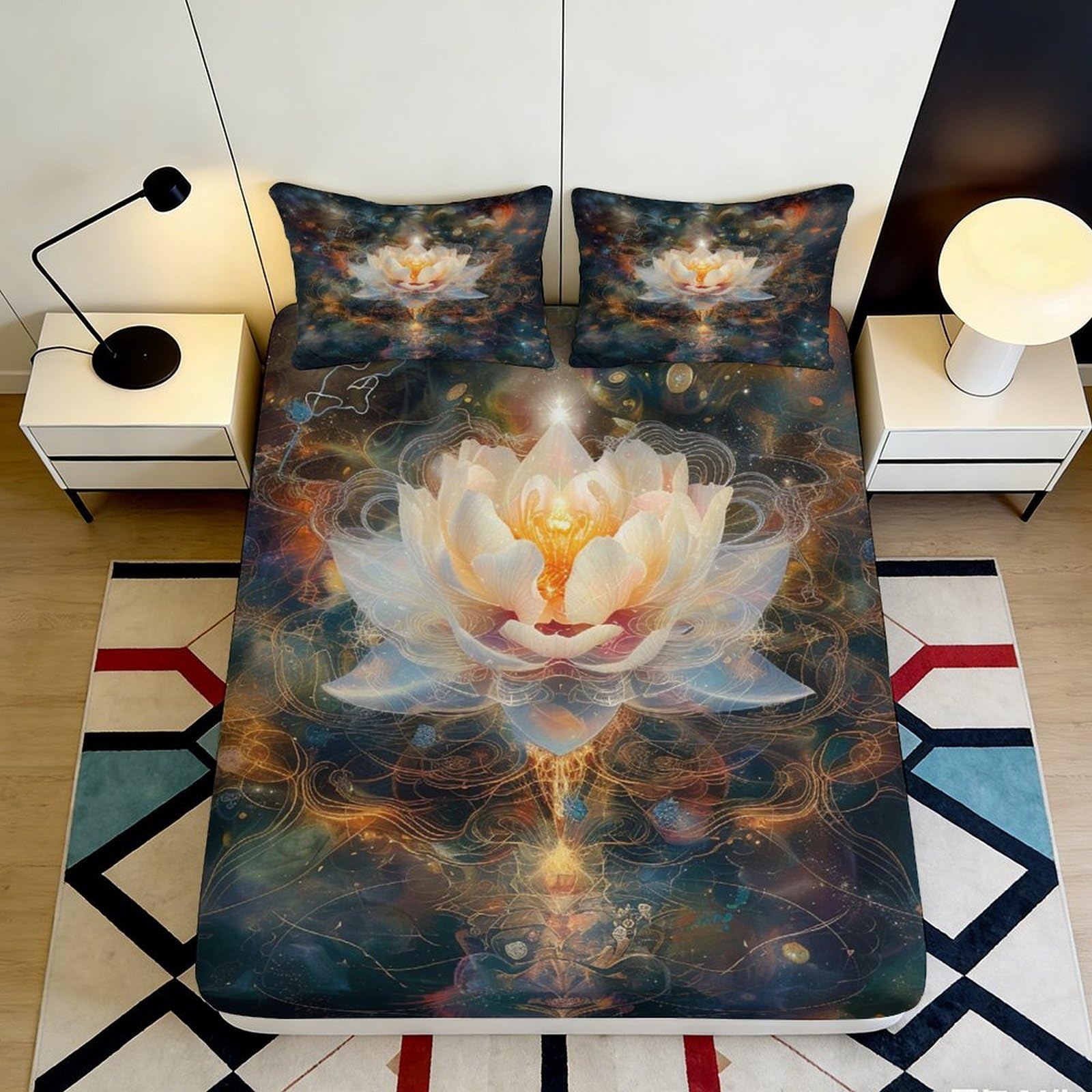 3D Printed Lotus Flower Fitted Sheet Microfiber Soft Breathable Cosmic Mandala Mattress Cover for Bedroom Dorm Apartment Decor 160x200x25cm