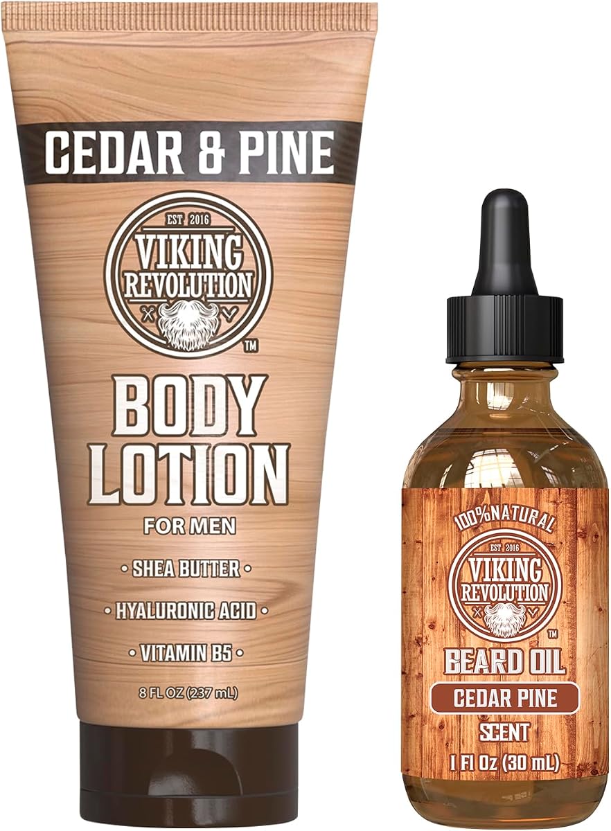 Viking Revolution Aceite de barba de cedro y pino para hombres y loción corporal de cedro y pino para hombres – Suavizante natural de barba de argán y jojoba, loción para hombres para piel seca con manteca de karité y ácido hialurónico