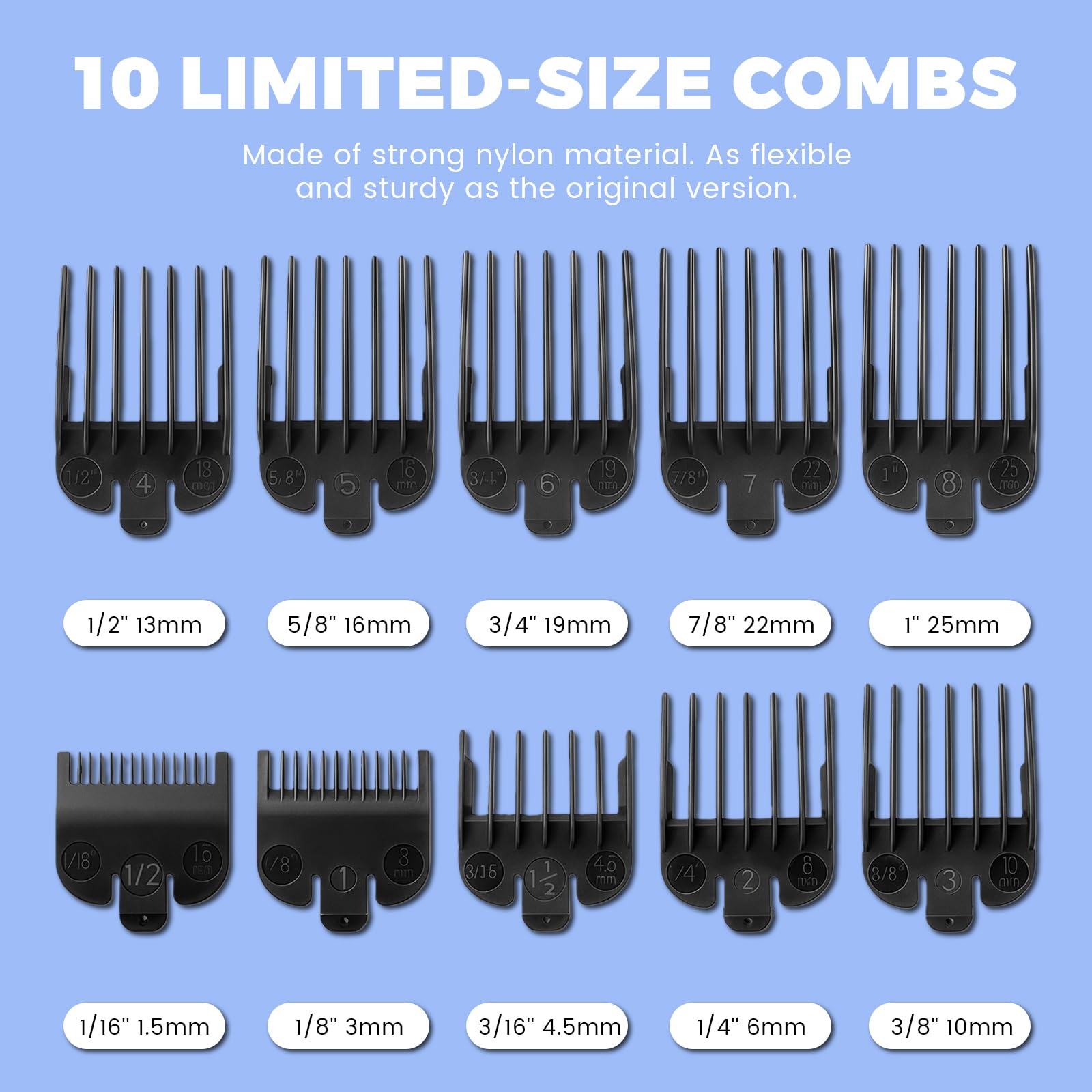 Klipperschutz-Set, kompatybilny z większością maszynek do strzyżenia włosów, zamiennik szyn do strzyżenia włosów - od 1/16" do 1", zestaw 10 sztuk, kolor czarny
