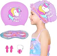Vista 34 de Gorros de natación para niñas (de 2 a 6 años), gorro de natación de silicona impermeable duradero para cabello corto con gafas de natación, tapón