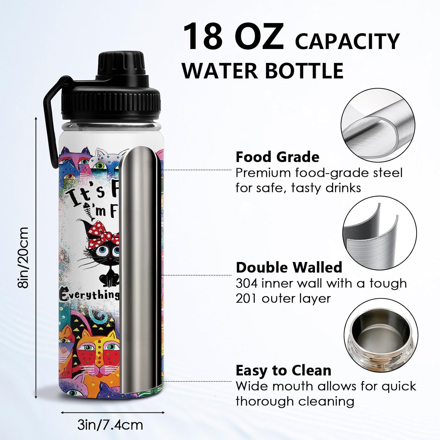 DUUV Cat Gifts for Women, 18 Oz Cat Water Bottle, Cats Lover Gifts for Birthday Christmas Thanksgiving, Cute Cats Thermos for Mom Sister Friends, Sport Water Bottle for Gym Travel, 1PCS - Image 3