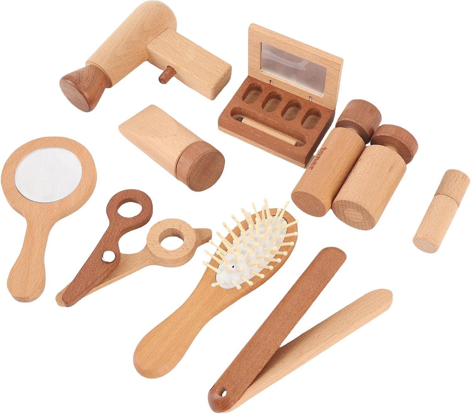RiToEasysports Wooden Makeup Toy Pretend Makeup Kit Toddler for Girls with Hairdryer Mirror Creative Play Princess Role Play Safe Durable