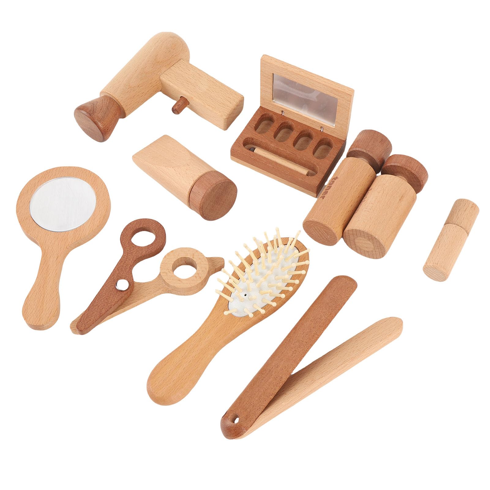 Juego de 11 juguetes de maquillaje de madera para juegos de rol creativos, bonito salón de belleza, con secador de pelo, espejo y accesorios para niñas