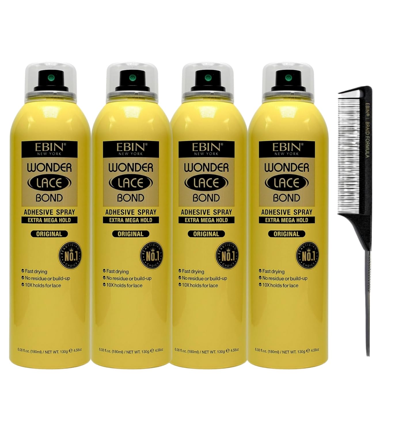 Lace Glue – 4X Wonder Lace Bond Wig Adhesive Spray – Extra Mega Hold 180 ml Bundle with Braid Formula Pintail Parting Comb by EBIN NEW YORK – Quick-Dry & Long-Lasting Hold – Gift Set (5 Items)