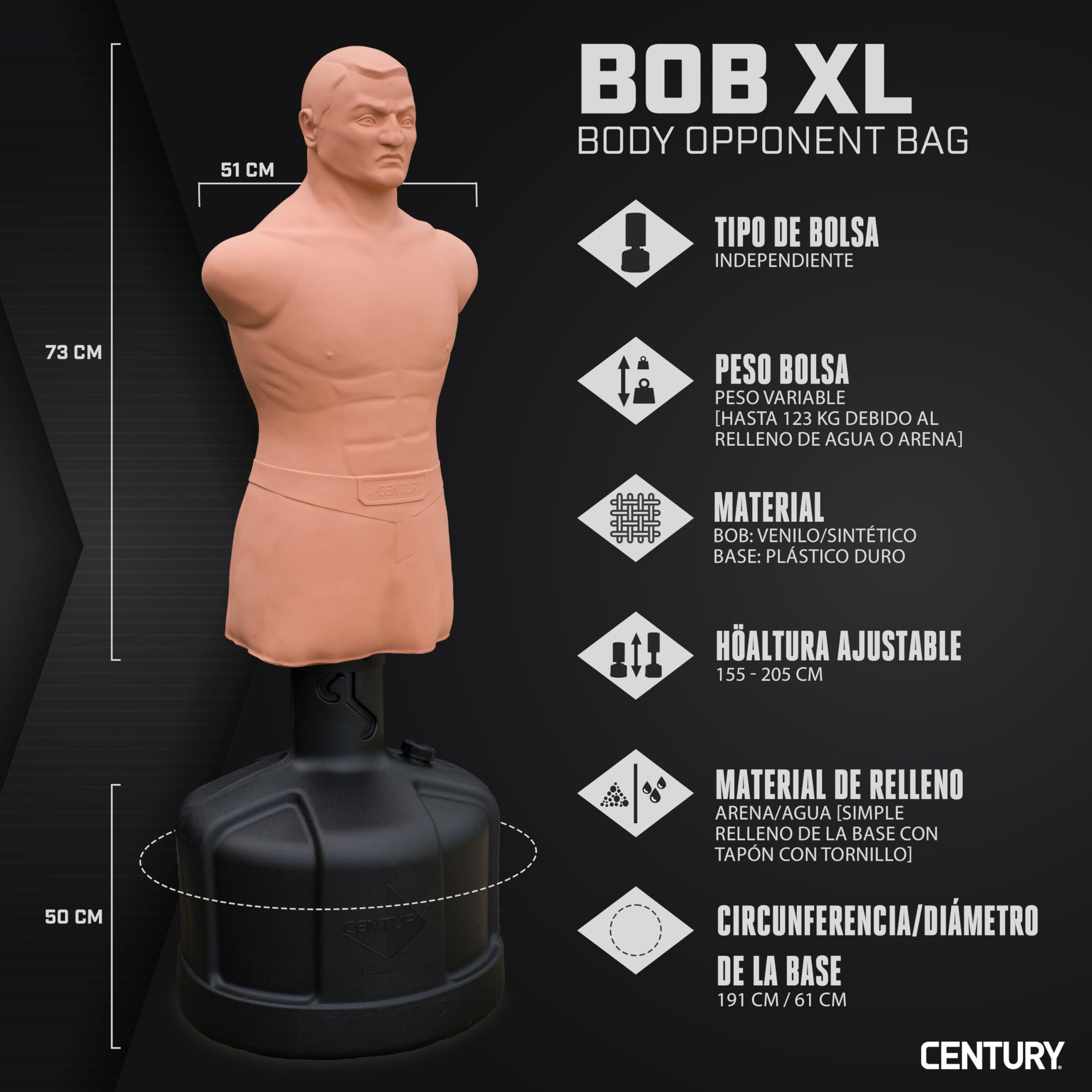 Century BOB XL Maniquí de Boxeo - Muñeco de Caja - de altura ajustable 155-205 cm