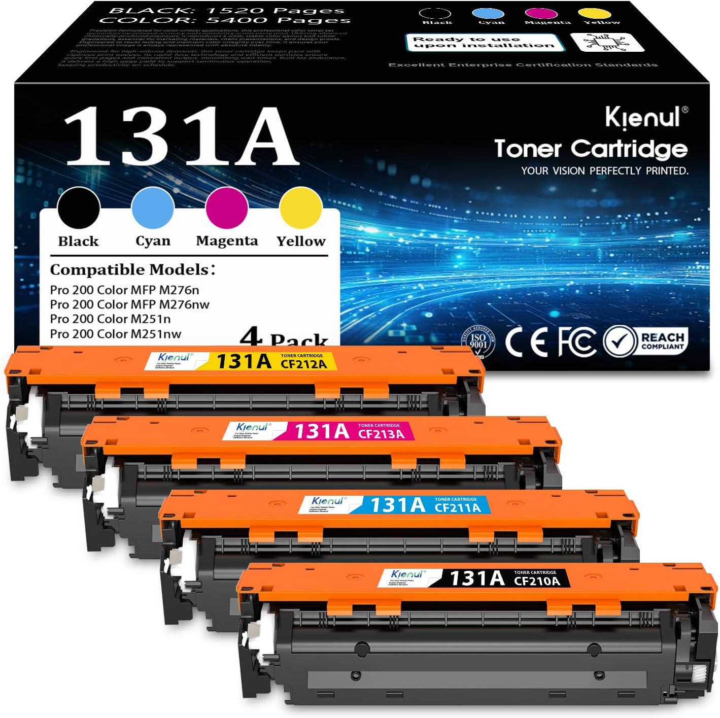 131A Toner Cartridges (4 Pack,B/C/M/Y) - Replacement for HP 131A High-Yield Toner, Compatible with Pro 200 Color MFP M276n, M276nw, Pro 200 Color M251n, M251nw Printer(CF210A,CF211A,CF212A,CF213A)
