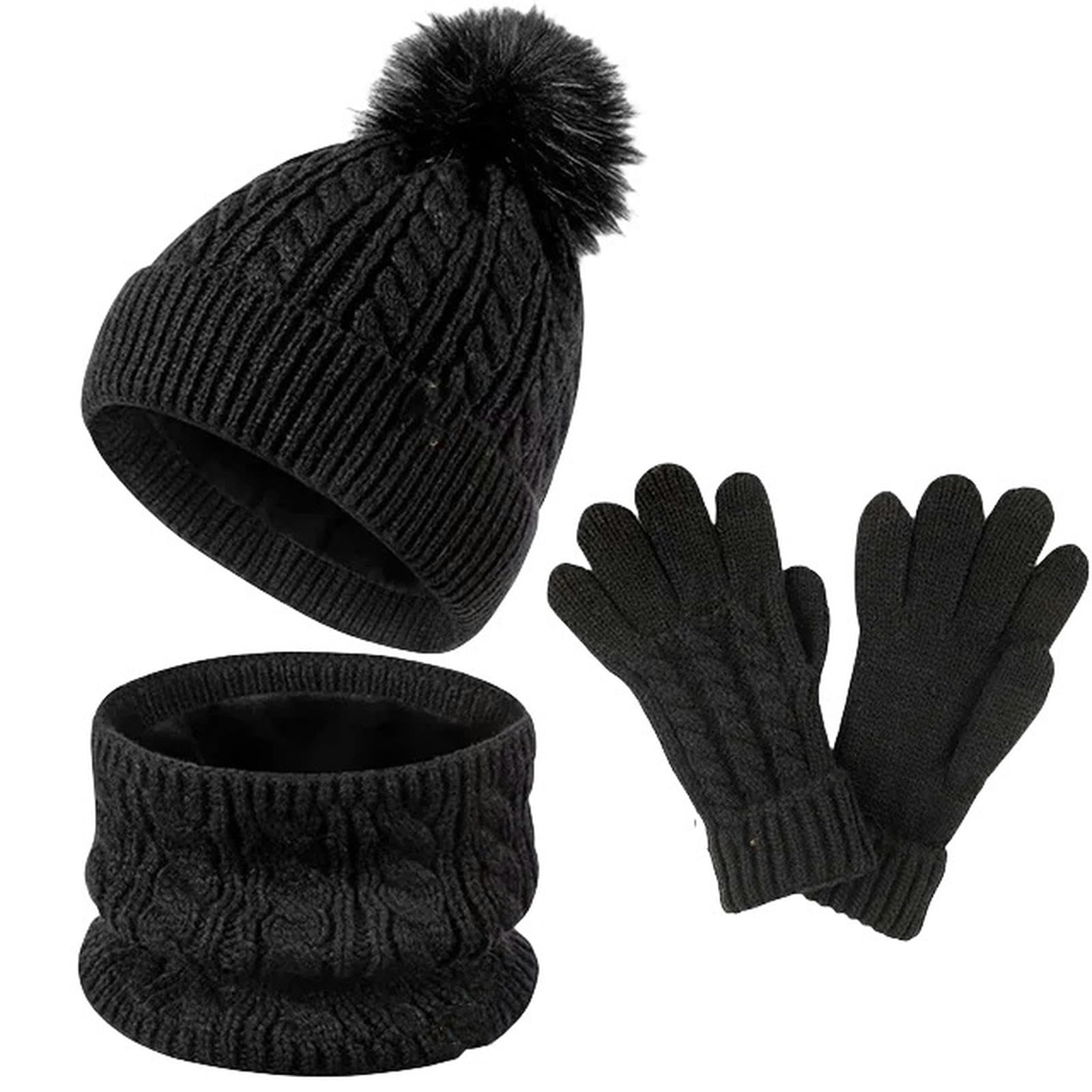 Zonto Wintermütze Schal Handschuh-Sets Warmhuthandschuhe Schal Set Für Kinder 5-12 Jahre Alt 3 In 1 Wintergestrickter Hutschalhandschuhe Kombination-Schwarz