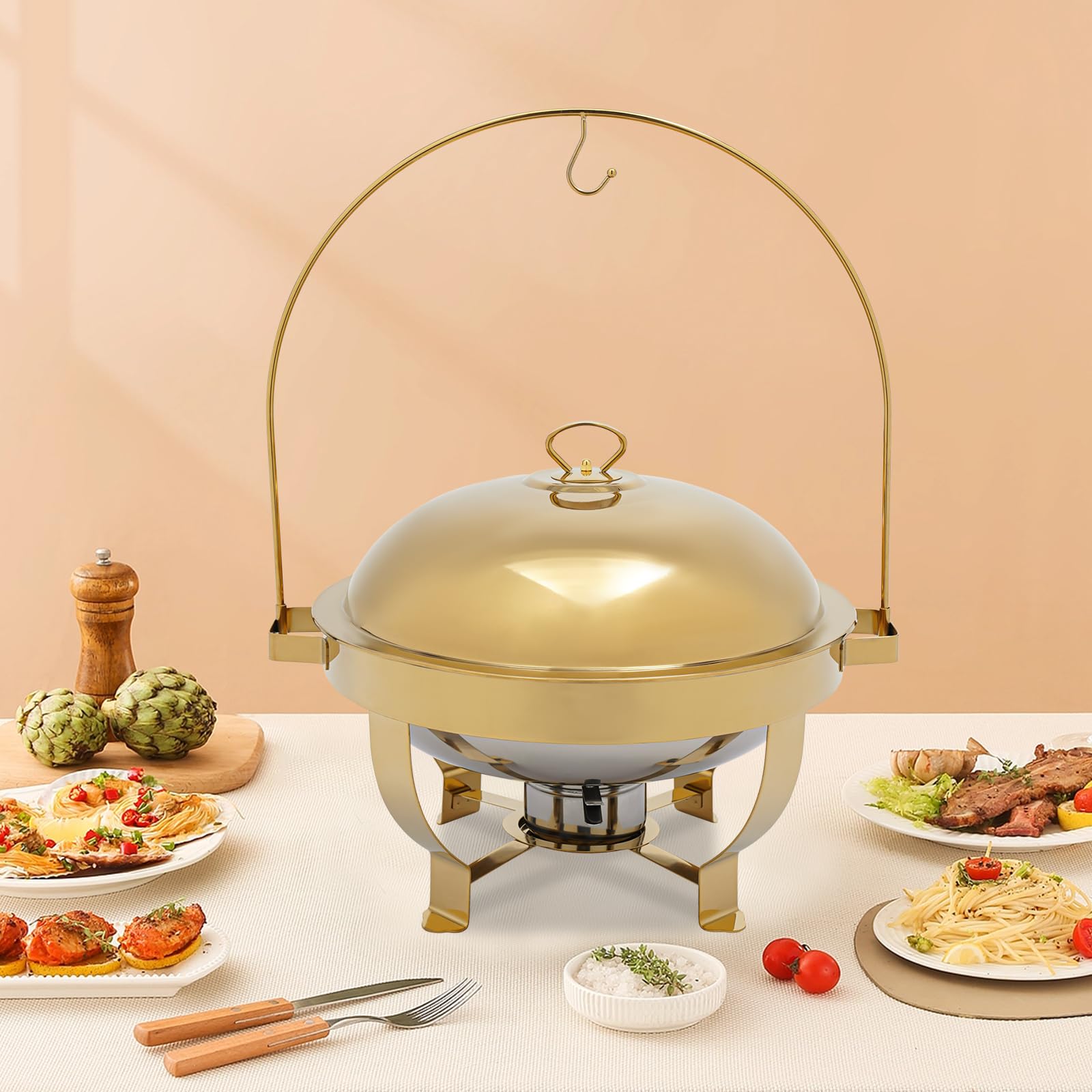 8L Gold Round Calentadores de Comida para Buffet Acero Inoxidable Chafing Dish para Hoteles, Cafeterías, Restaurantes, Reuniones Familiares, Banquetes, Bodas, Fiestas