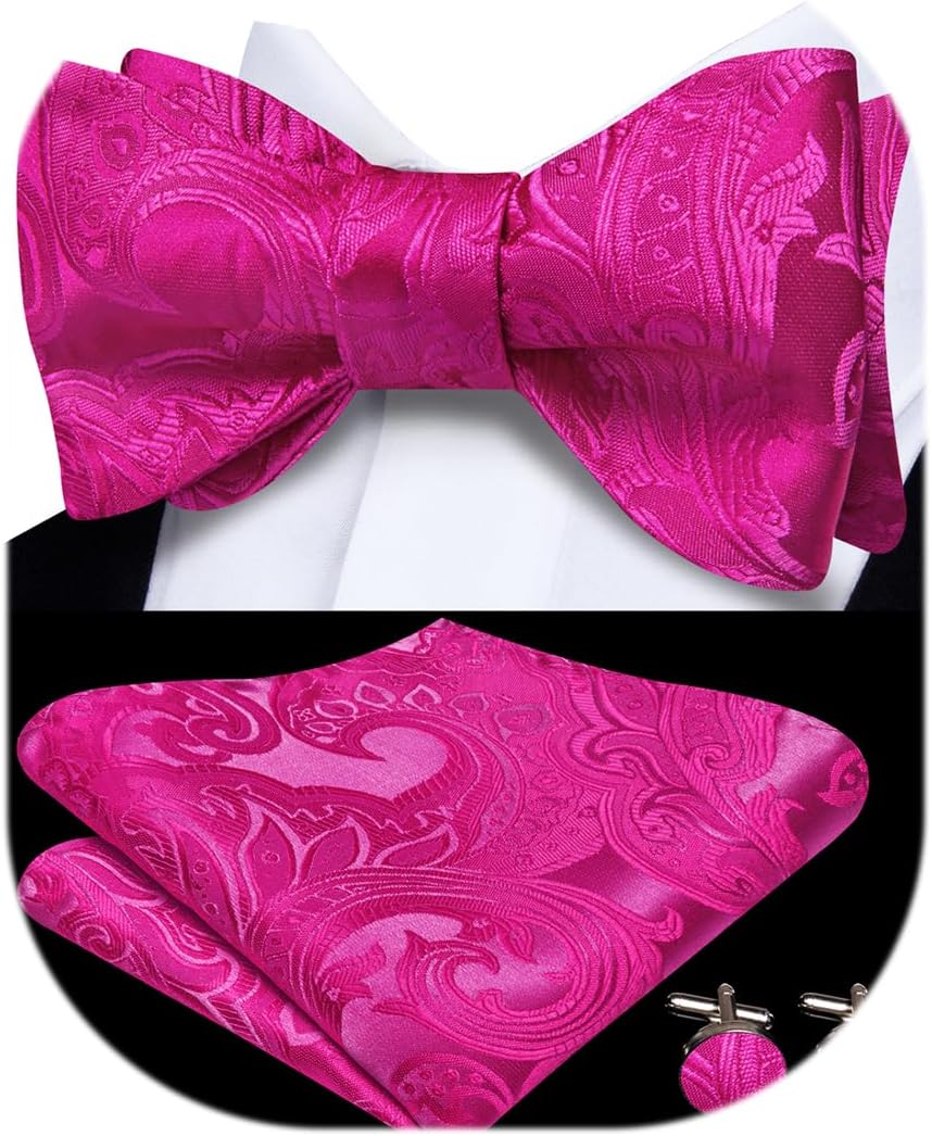Dubulle Self Tie Bow Ties and Lapel Pin for Men Paisley Solid Mens Bowtie and Handkerchief Cufflinks Set Wedding Hot Pink Mix