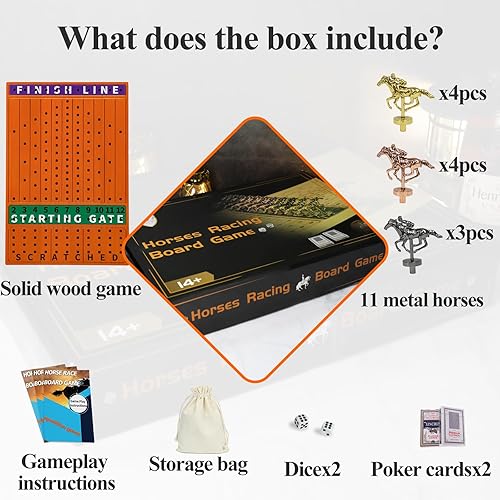 Miniatura 8 de Grhonior Juego de mesa de carreras de caballos con 11 caballos de metal de lujo, tablero de juego de madera engrosada, incluye dados y tarjetas