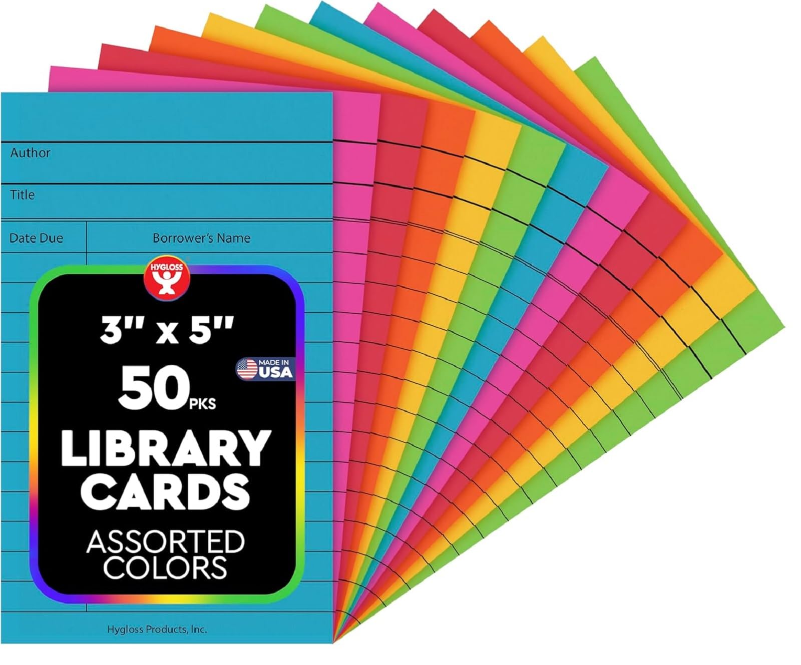 Hygloss Products Library Checkout Cards – Bright Colored Due Date Note Cards - 3 x 5 Inches, 50 Pack