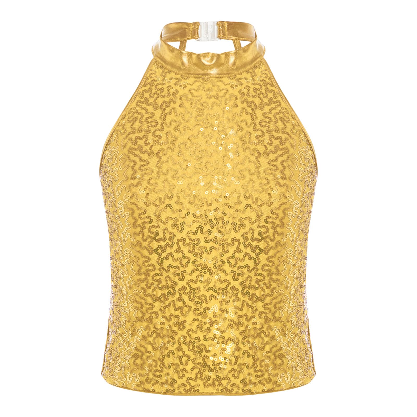 JanJean Girls Kids Shiny Metallic Cutout Back Jazz Hip Hop Dance Tank Top Halter Neck Tees Ballroom Costume Gold 6 Years