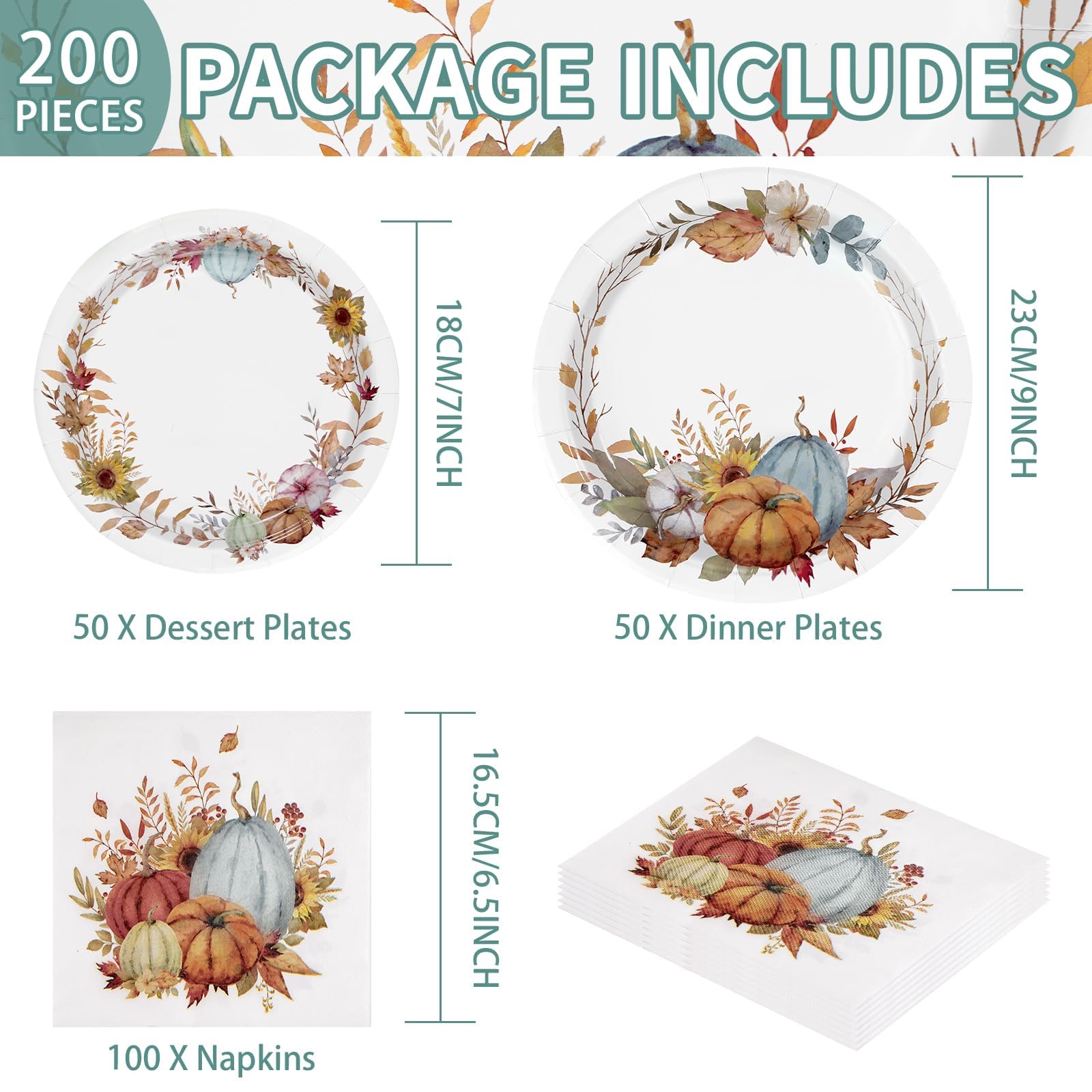 Grencian 200 platos y servilletas de fiesta de otoño, suministros de fiesta, juego de vajilla desechable de 350 g/m², decoración de fiesta de Acción de Gracias, recuerdos para fiesta temática de