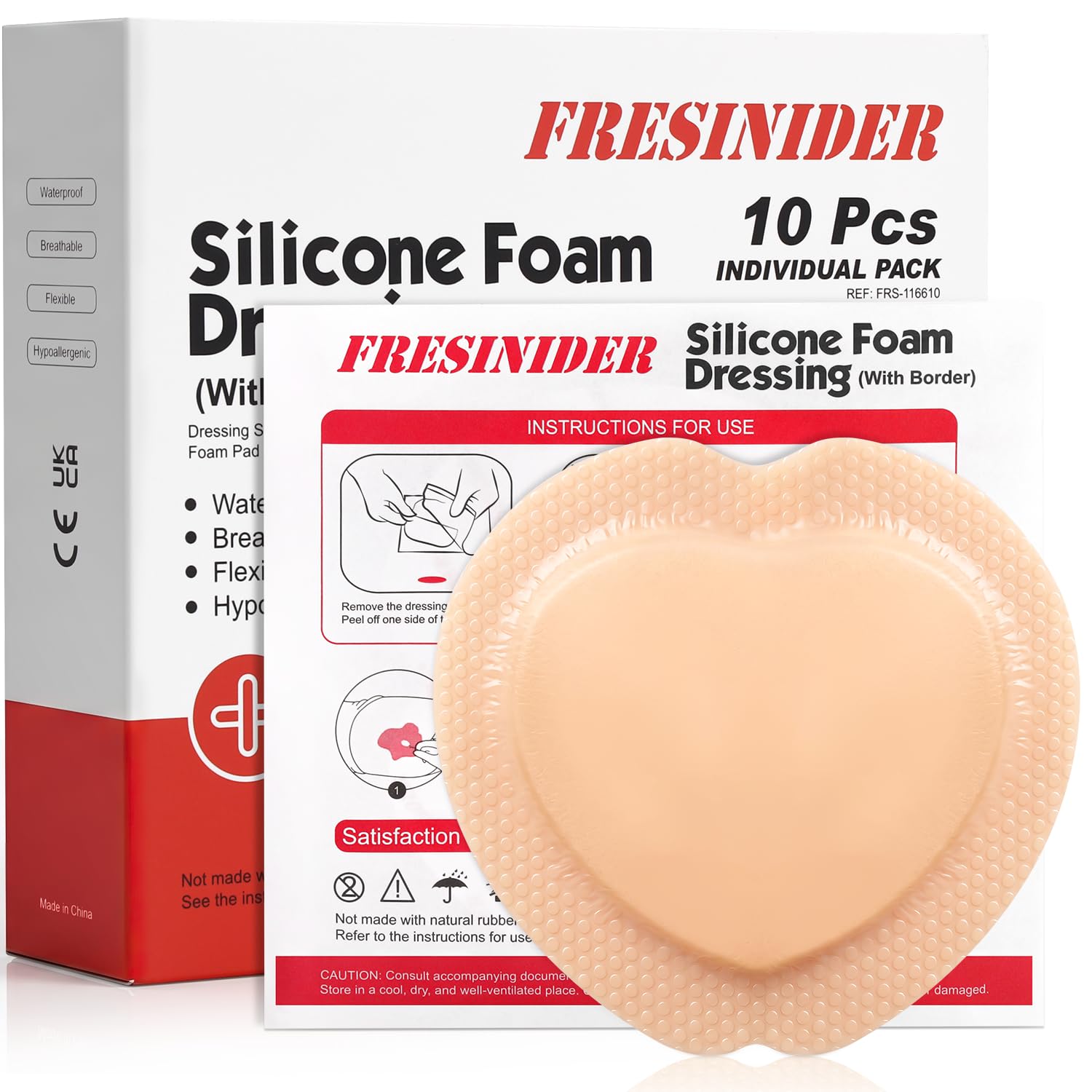 FRESINIDER Sacral Silicone Foam Dressing 6 x 6 inches, 10 Pack — 5-Layer Bordered Dressing for Sacrum, Waterproof &amp; Breathable, Adhesive Border Foam Pad for Bed Sores, Pressure Ulcers &amp; Wound Care