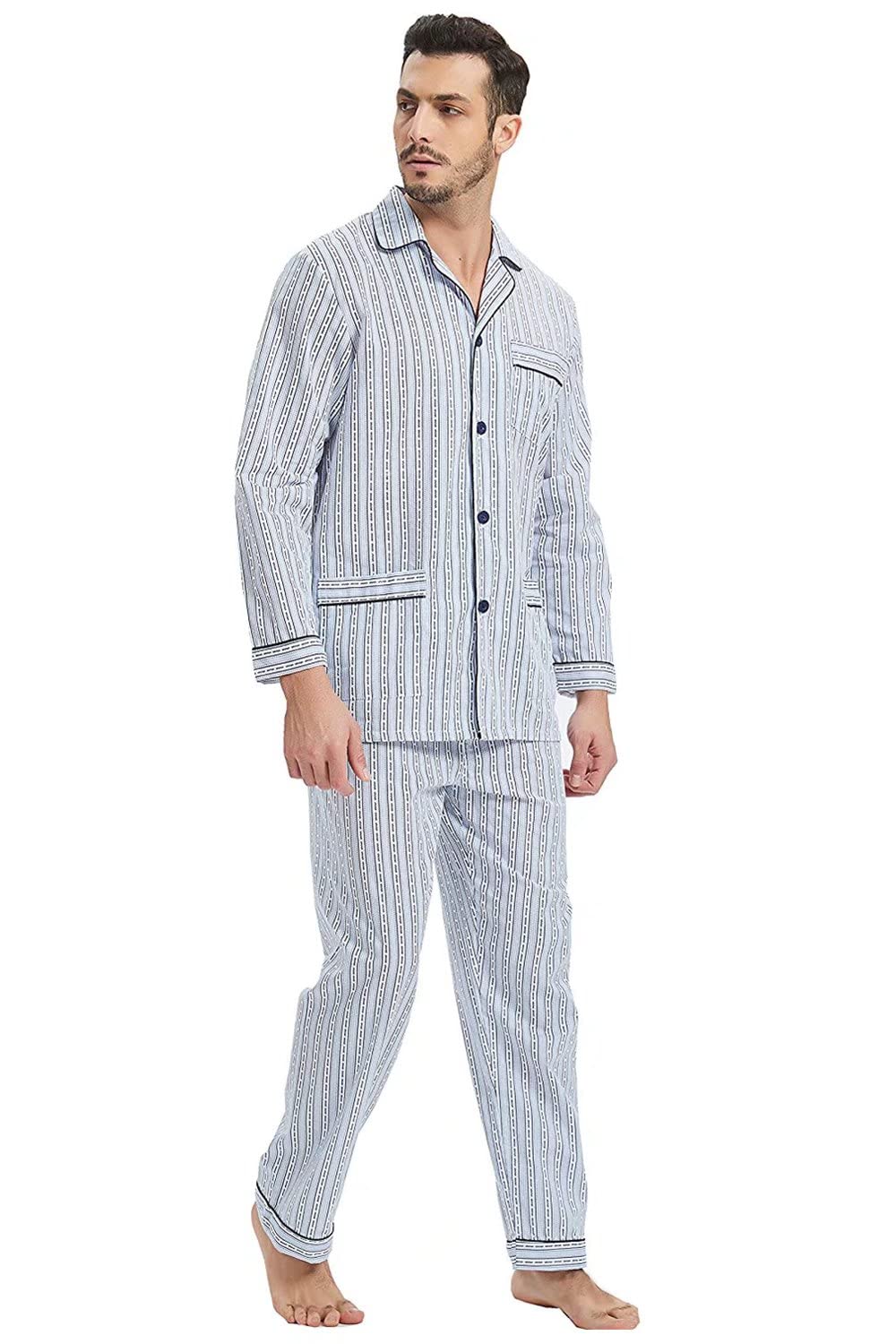 GLOBAL Pigiama Uomo 100% Cotone Biancheria da notte Manica Lunga con Bottoni Coulisse Traspirante Set Pigiama Uomo Vestiti Sopra e Giù S-3XL