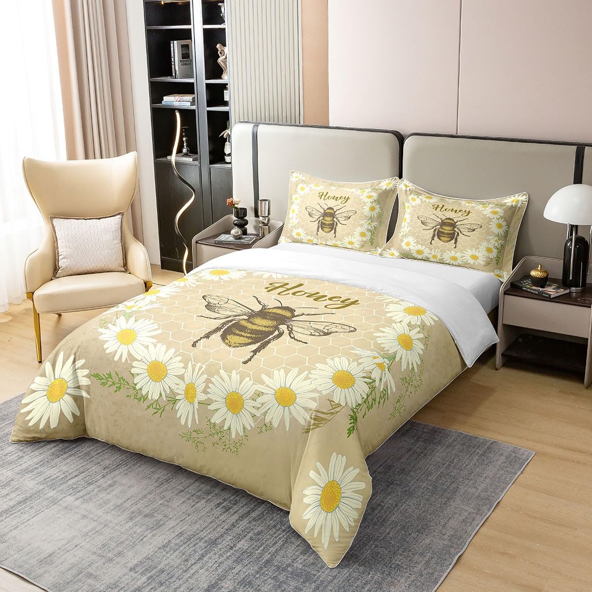 100% Cotton Kawaii Honey Bee Bedding Set Queen, Cute Geometric Honeycomb Duvet Cover, Farm Rustic Daisy Floral Comforter Cover for Kids Girls Teen, Soft Breathable Quilt Cover with 2 Pillow Cases