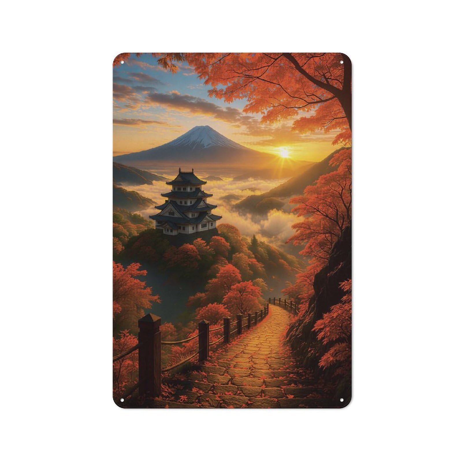Junmoney Style-14 Mount Fuji And Japanese Castle At Sunset Vintage Tin Wall Plaque 30X20cm For Hobby Room Or Studio, A Decorative Metal Sign For Hobby Rooms And Studios