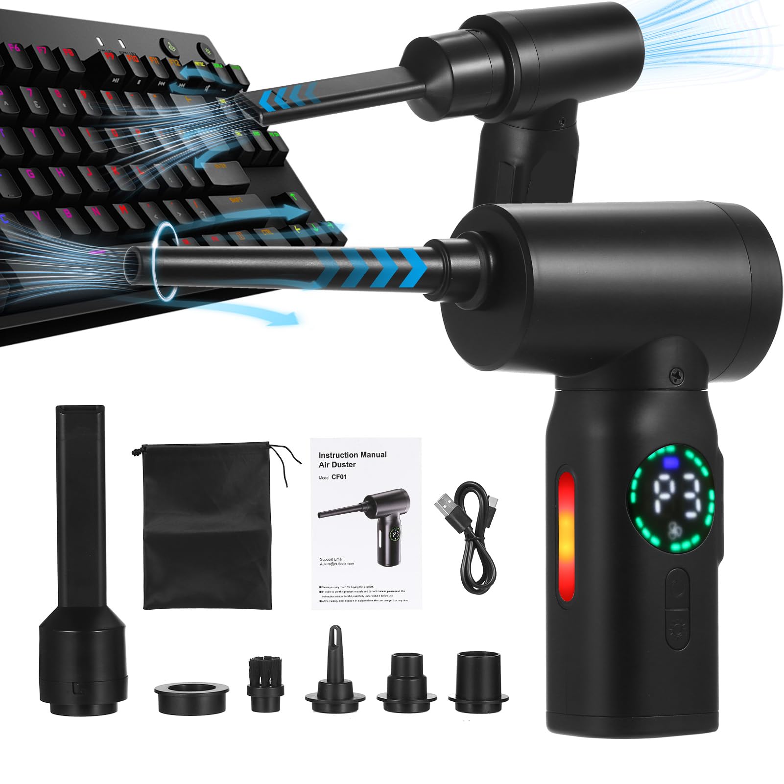 Removedor de polvo de aire comprimido-limpiador HUIOP Removedor de polvo de aire comprimido - Limpiador con motor de cepillo de pantalla digital, 100W 7500mAh Dusters de aire eléctrico Limpiador de