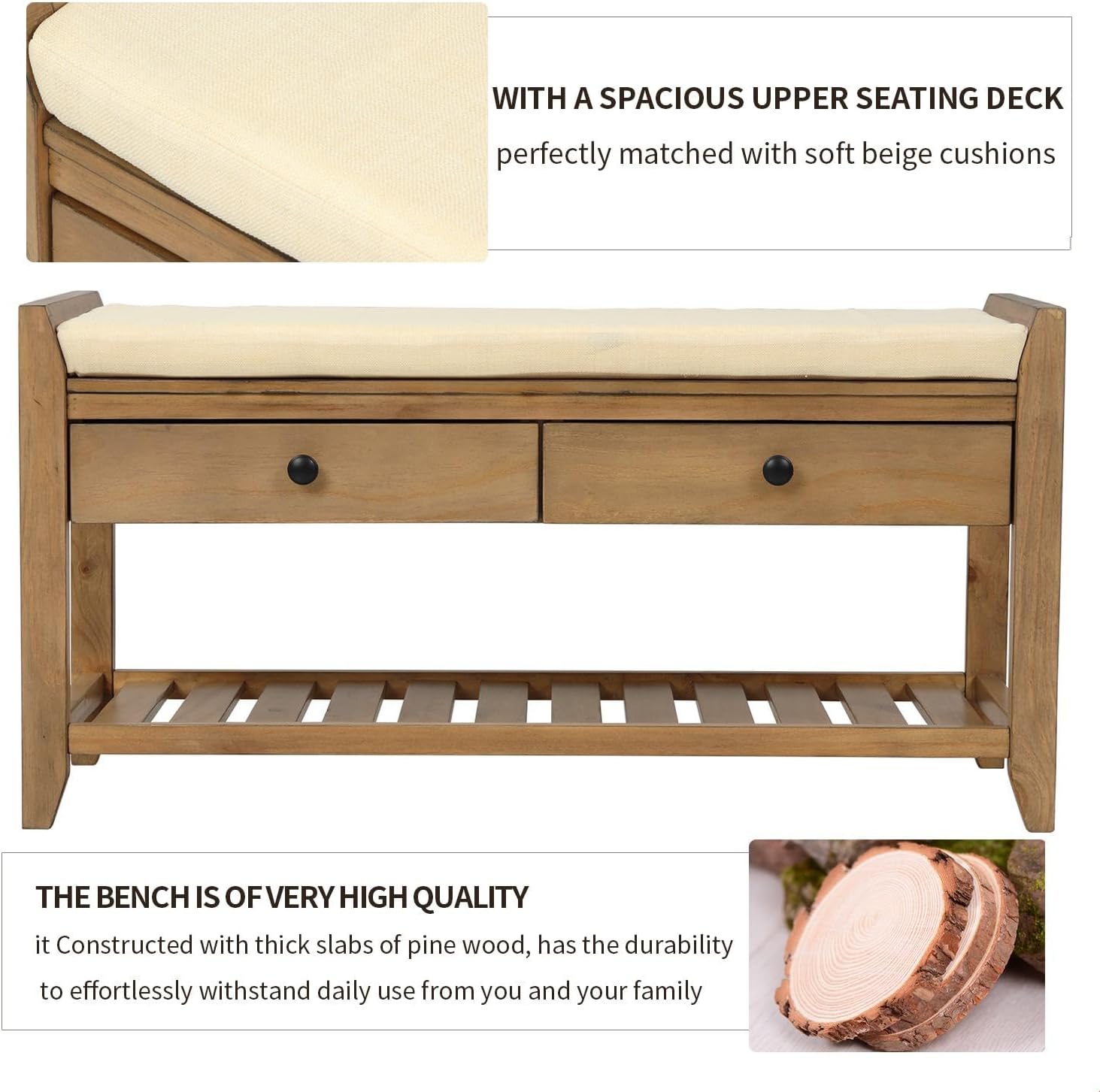 GDFStudio Rustic Storage Bench Cushioned Seat and Drawers Rectangular Vintage Shoe Rack Farmhouse Cabinet Foot Rest Stool Solid Wood Shoe Bench Seating for Entryway Living Room, Old Pine
