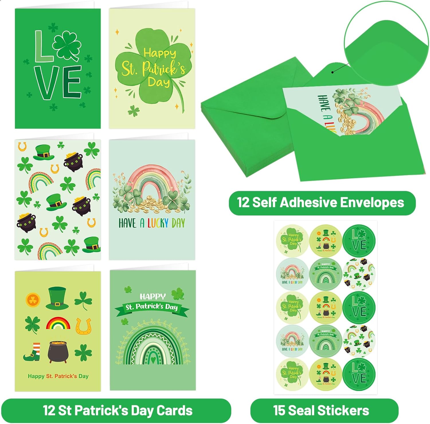 Treasure Cove St. Patrick's Day Cards Set Green Shamrock Greeting Cards with Envelopes and Stickers for Irish Holiday Supplies 12 Pcs