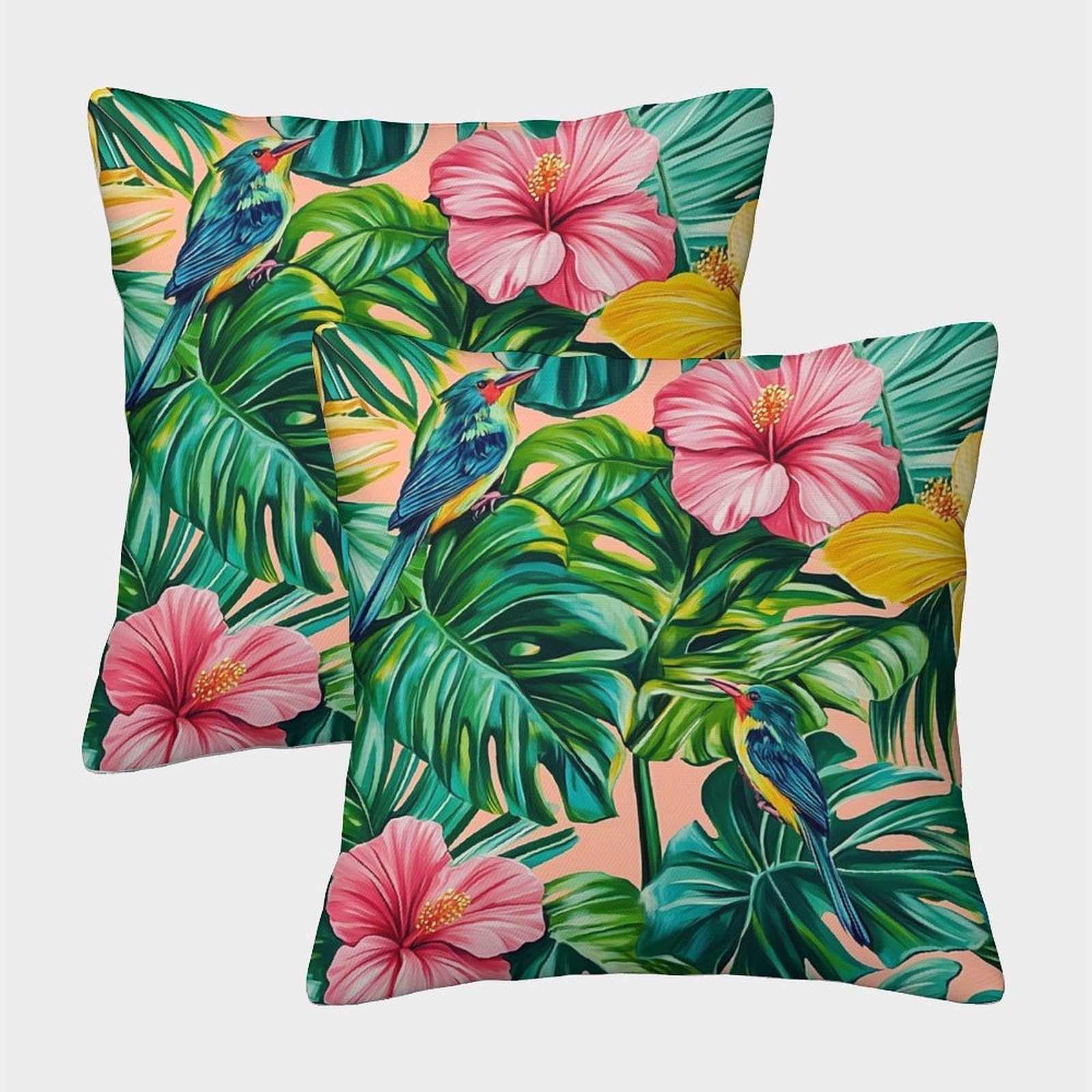 kaiyun 2 Pack Palm Leaves, Hibiscus And Exotic Birds,Summer Vibes Pillowcase 40x40cm, Cushion Cover,3D Digital Printing Bed Sofa Decorative