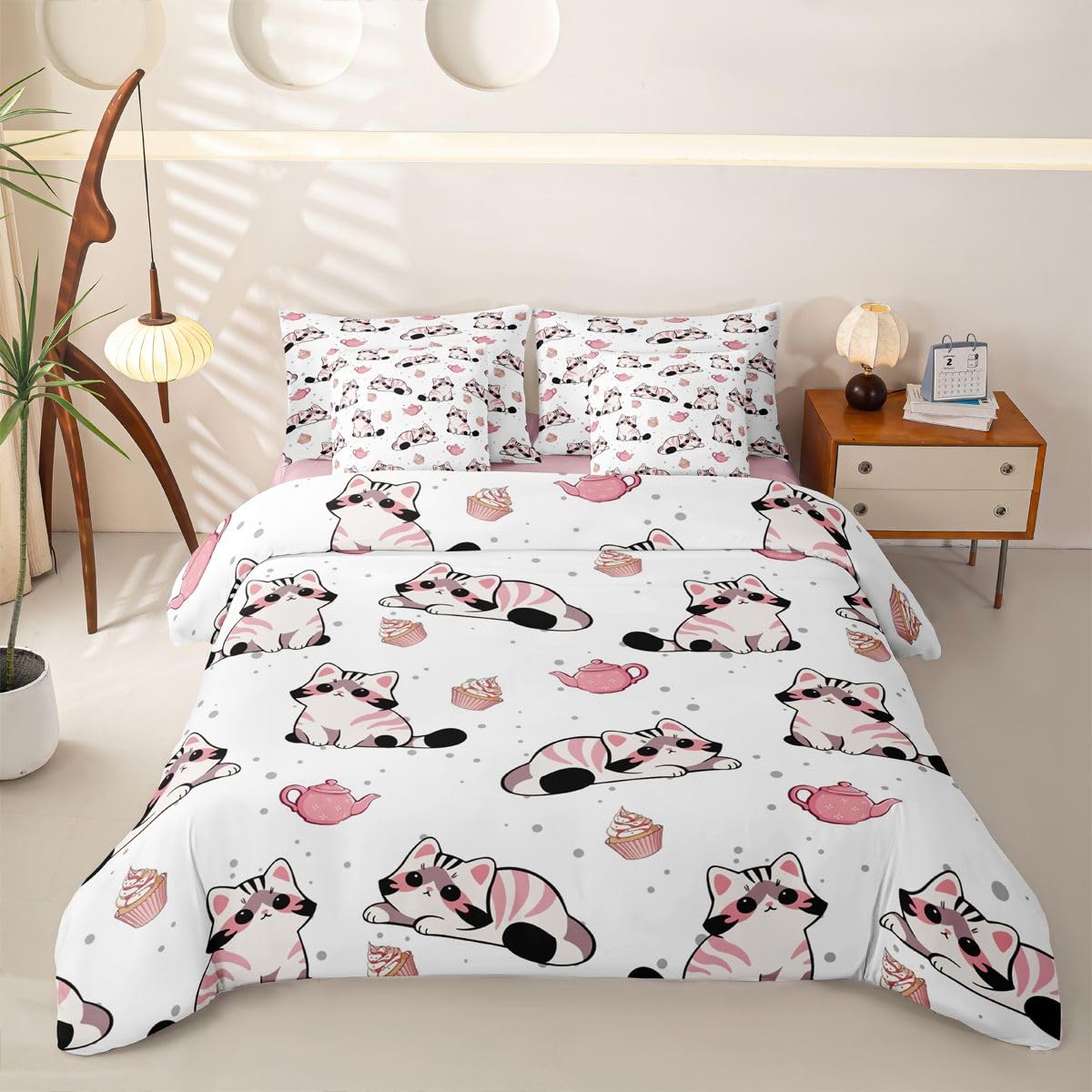 Loussiesd Set di biancheria da letto per letto singolo, 7 pezzi, bianco, rosa, grigio, con gatto, per bambini, ragazzi e ragazze, con copripiumino, lenzuola, federe, federe