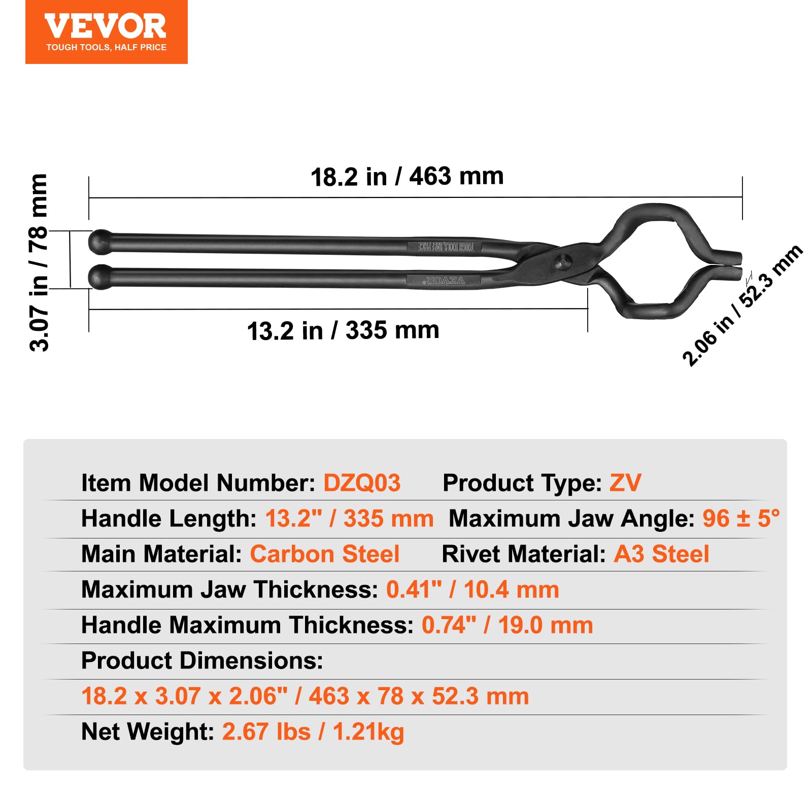 VEVOR Blacksmith Tongs, 18" Z V-Bit Tongs, Carbon Steel Forge Tongs with A3 Steel Rivets, for Knife Blades, Long Pieces, Circular Forgings, for Beginner and Seasoned Blacksmiths and Bladesmiths - Image 3