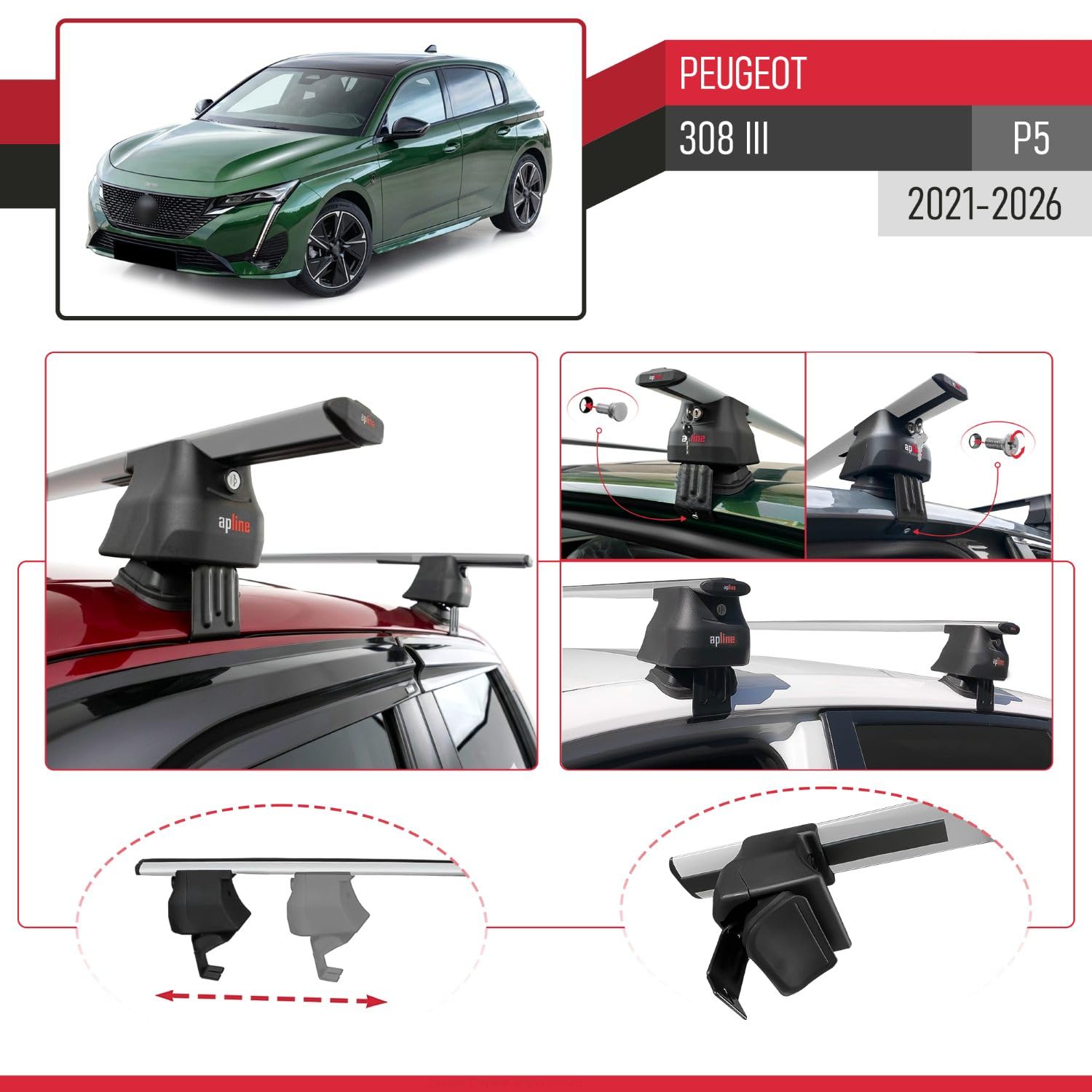 Compatible avec Peugeot 308 III (P5) 2021-2025 ACE-4 Barres de Toit Railing Porte-Bagages de Voiture Gris Aluminium 2 Barres