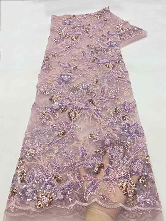 Elegant Heavy Beaded French Tulle Fabric Nigerian Sequins Lace Fabrics for Party Dress 5 Yards,Pink