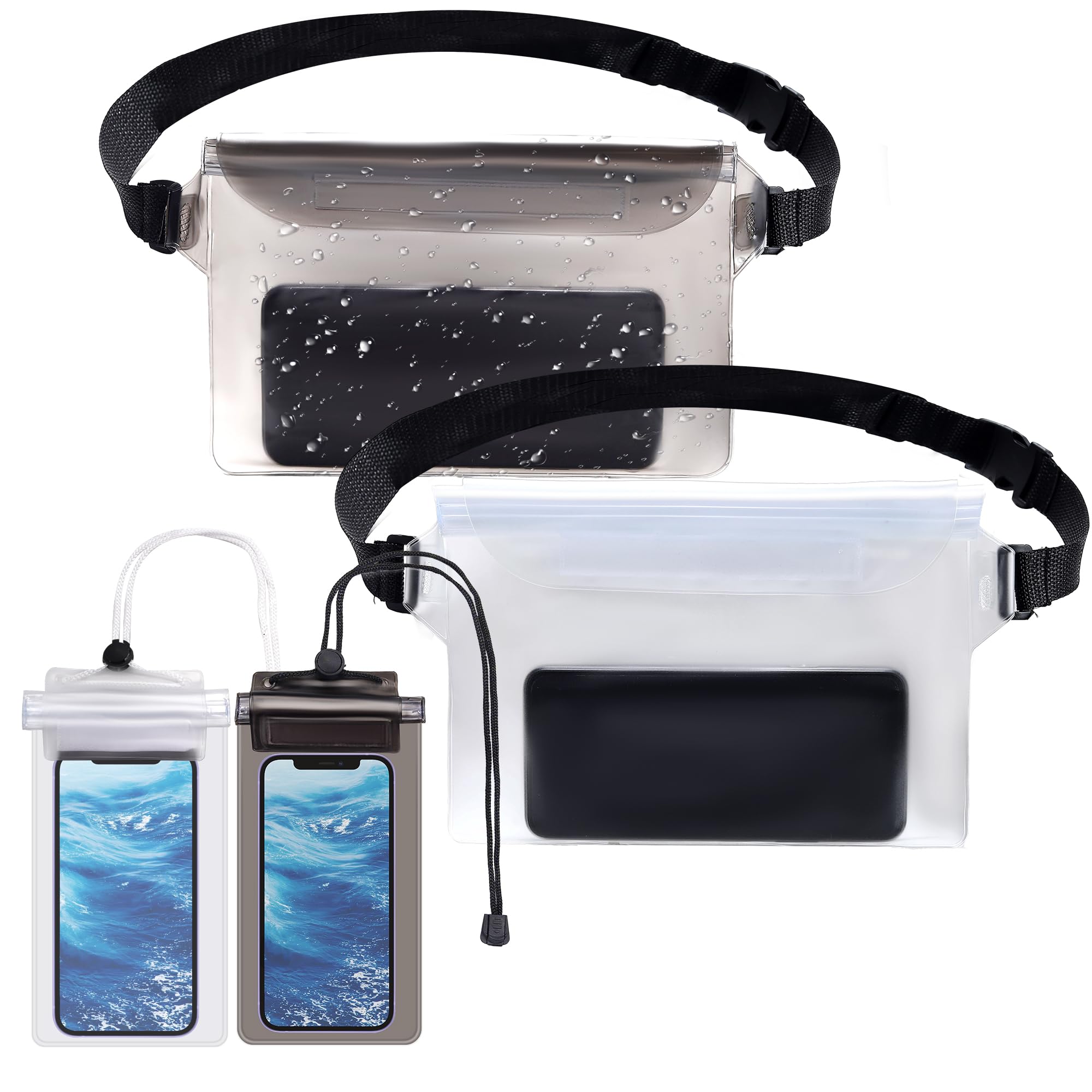 XHDMY 4 Pack Waterproof Fanny Pack with Waist Strap Waterproof Phone Pouch Dry Bag for Kayaking Pool Swimming Boating Beach Fishing Travel Diving Surfing (Black & White, 2 Fanny Pack + 2 Pouch Bag)