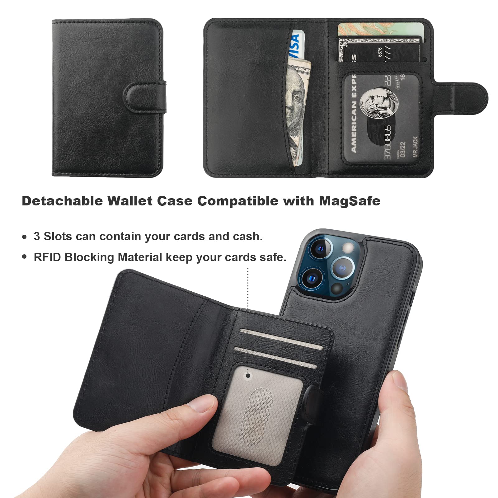Bocasal Wallet Case for iPhone 13 Pro Max Compatible with MagSafe Magnetic RFID Blocking Detachable Premium PU Leather Flip Case with Card Slots Holder Kickstand Wireless Charging 6.7 Inch (Blue