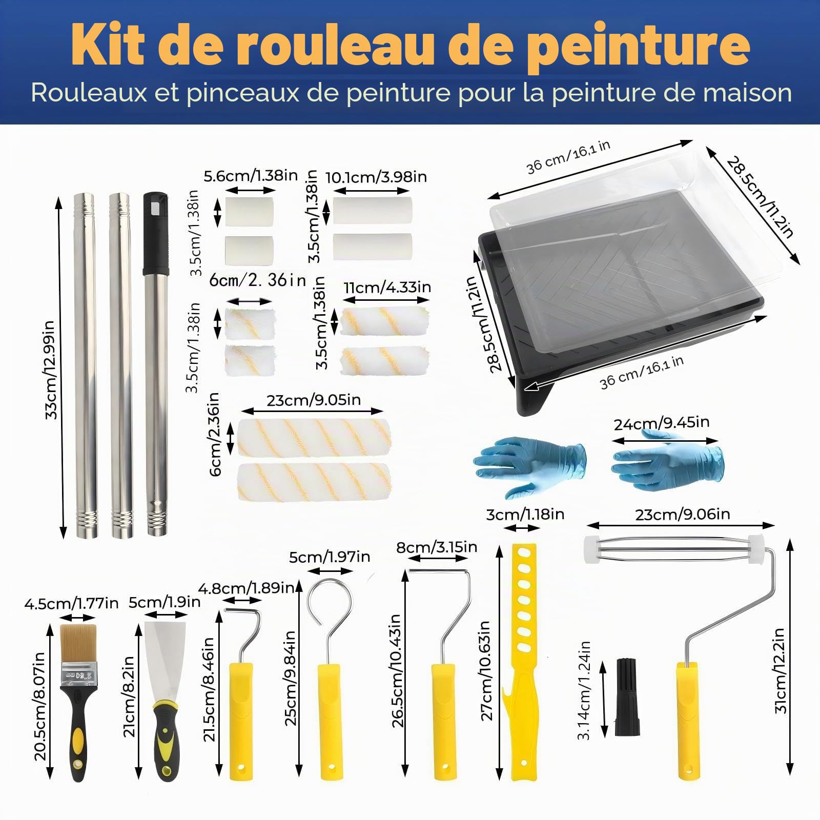 20 Pièces Rouleau de Peinture, avec Manche Télescopique, Cadre de Rouleau de Peinture, Bacs à Peinture avec Doublure, Rouleaux, Pinceaux, Mélangeur, Spatule, pour Peinture Rénover Mur et Plafond