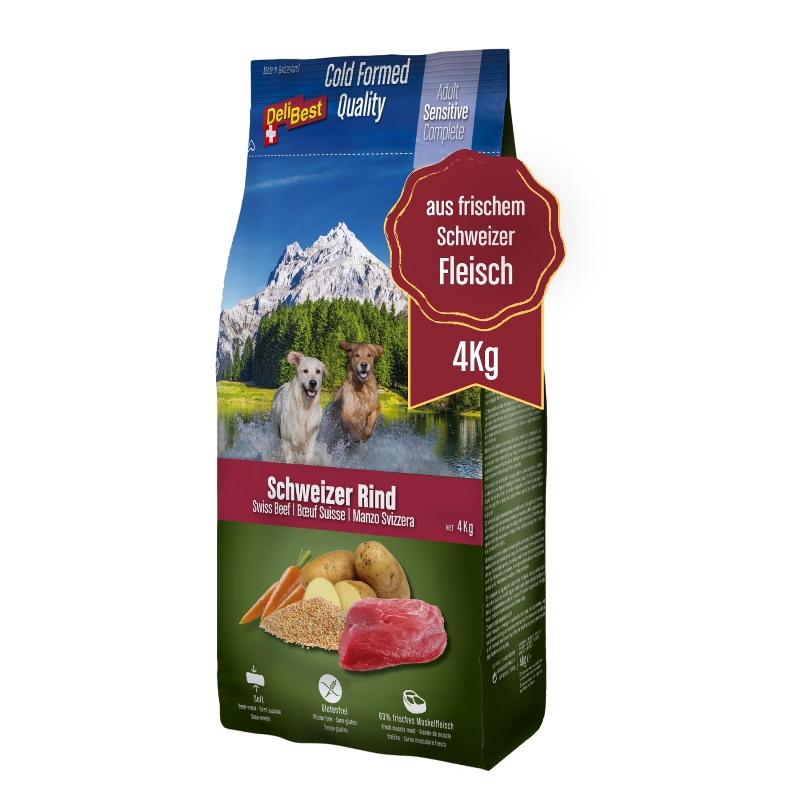 DeliBest Adult Sensitive Complete Dog Rind I Halbfeuchtes Futter für Hunde Adult I aus 100% Schweizer Rindfleisch I getreidefrei & ohne andere Zusätze I Hundefutter kaltgepresst I 4 kg