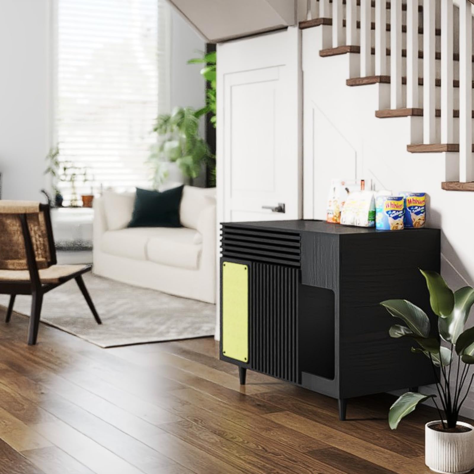 VELVETPAW Modern Cat Litter Box Enclosure with Countdown Timer (5-60 Min), Air Purifier & Scent Control, Hidden Cat House, Scratching Mat, Multifunctional Side Table, Black