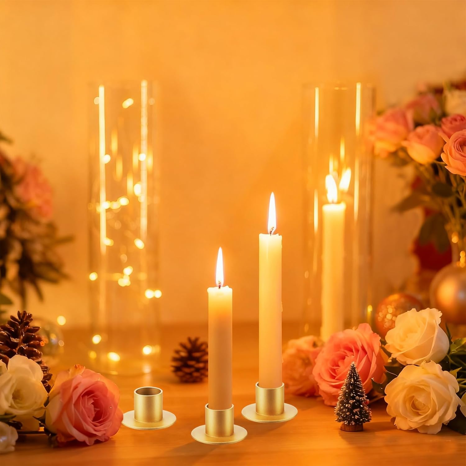 36 Pcs Gold Taper Candle Holders Bulk for Pillar Candles, Retro Matte Taper Candlestick Holders Metal Short Candle Stick Holders for Wedding Christmas Party Dining Table Centerpiece Decor