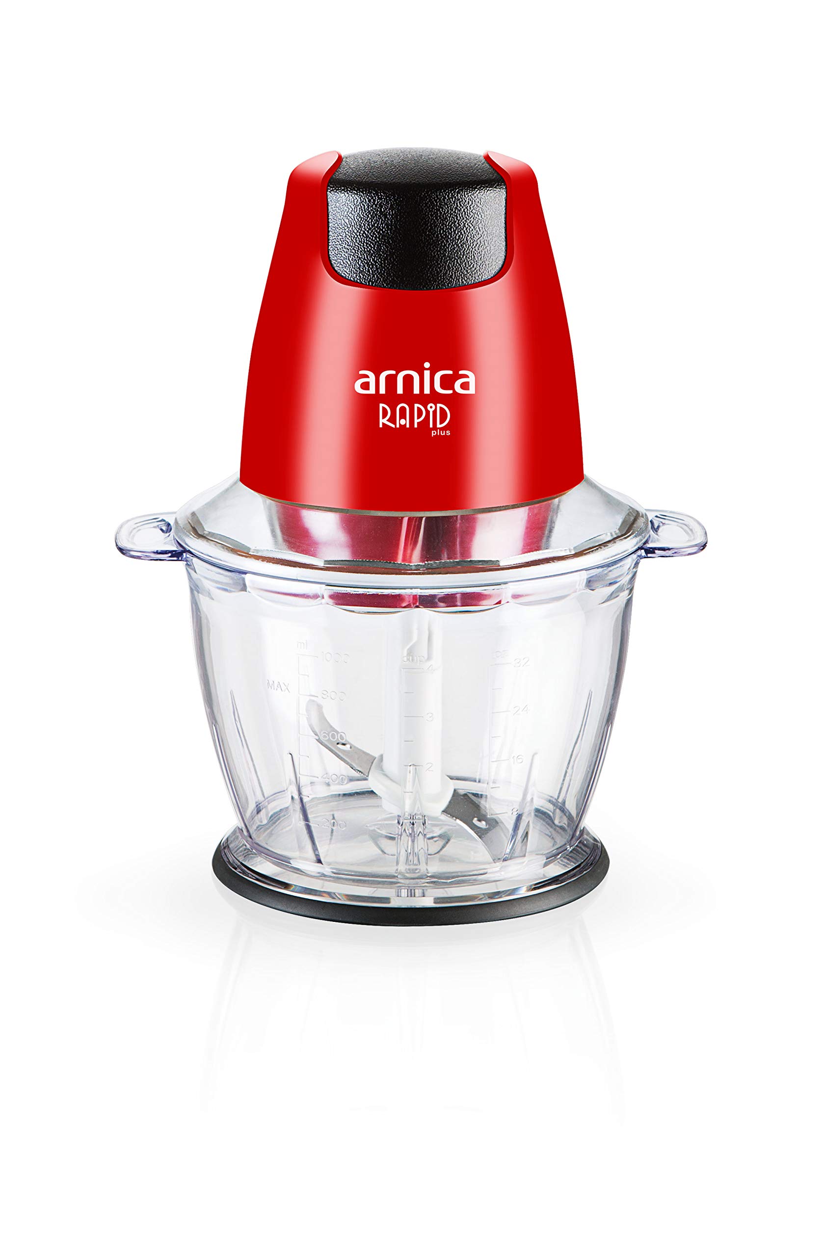arnica Rapid Plus - Zerkleinerer - 500W mit Einhandbedienung - 1,3L Behälter - Doppelmesser für Gemüse, Kräuter, Nüsse - Rot