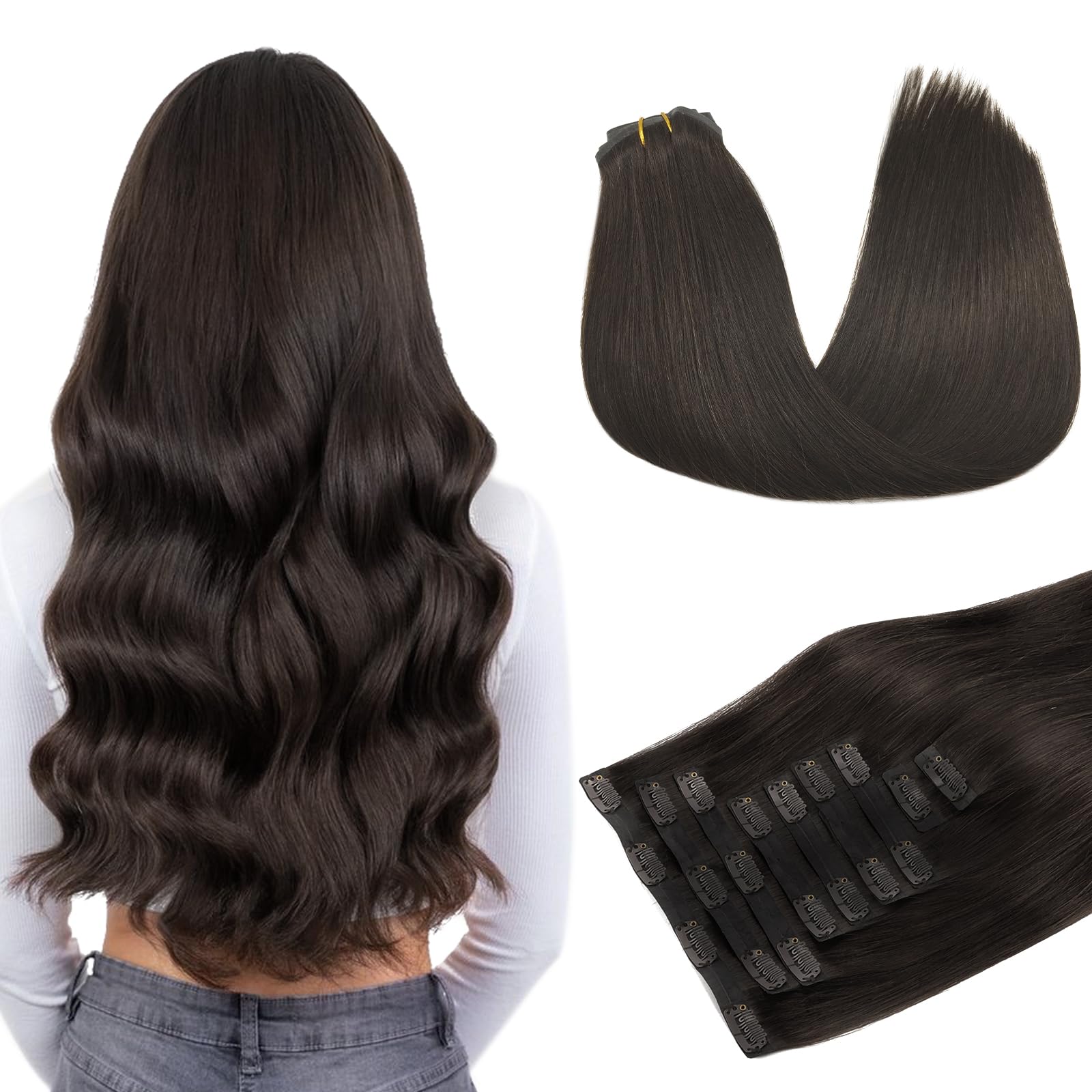 DOORES Seamless Clip in Human Hair Extensions, Dark Brown 14 Inch 130g 9pcs, Hair Extensions Clip in PU Weft Thick Hair Extensions Natural Straight Remy Thick Hair Invisi Edge Hair Extensions