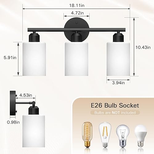 Miniatura 7 de Espird Lámpara de tocador de baño, lámpara de baño negra mate, 3 luces sobre el espejo, lámpara de tocador moderna, apliques de pared con pantallas