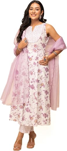 FIORRA Women's White Cotton A-line Kurta with Pant and Dupatta
