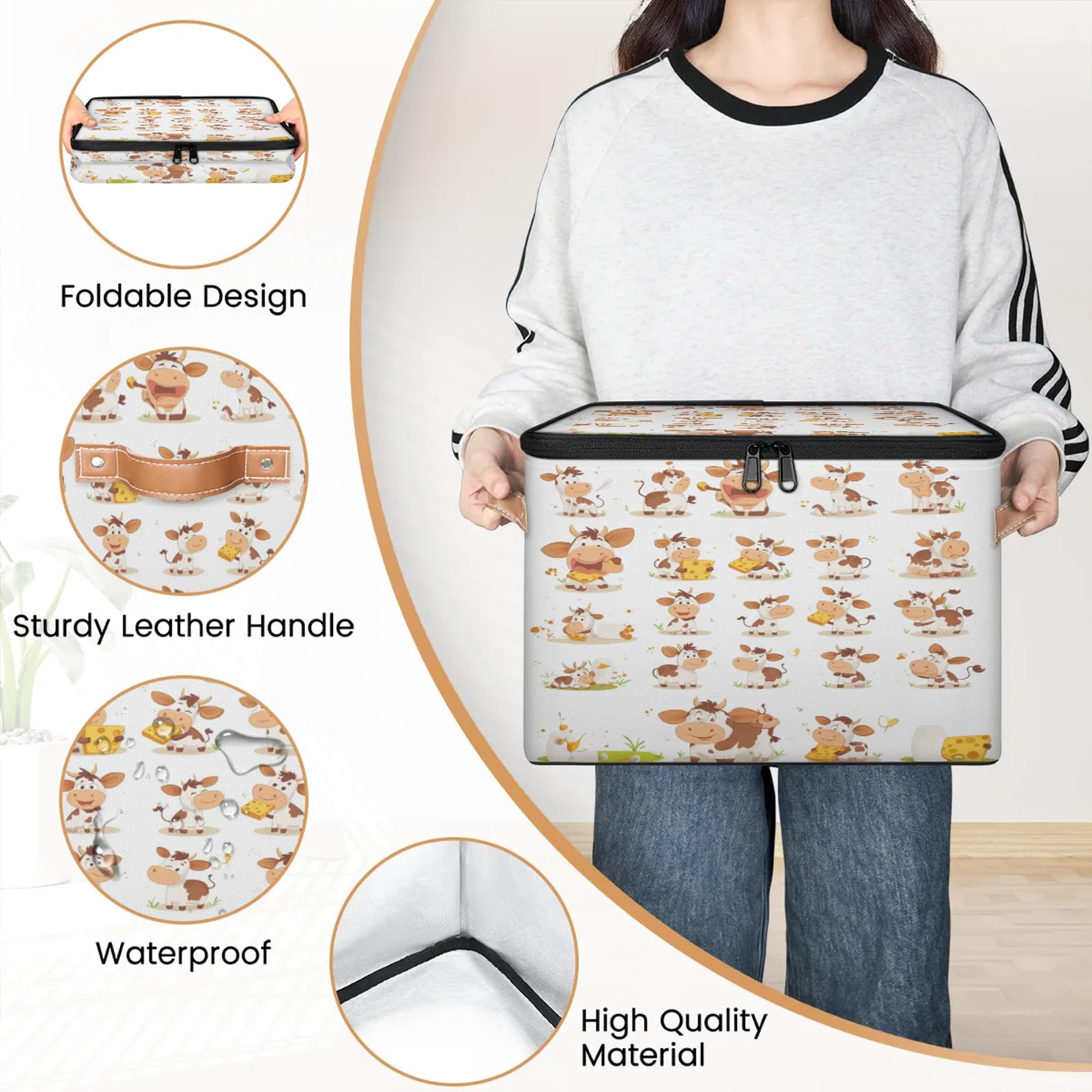 Bonita cesta de almacenamiento grande de queso de vaca con tapa con cremallera, cajas de almacenamiento plegables, organizador para el hogar, para ropa, dormitorio, sala de estar, 2 piezas