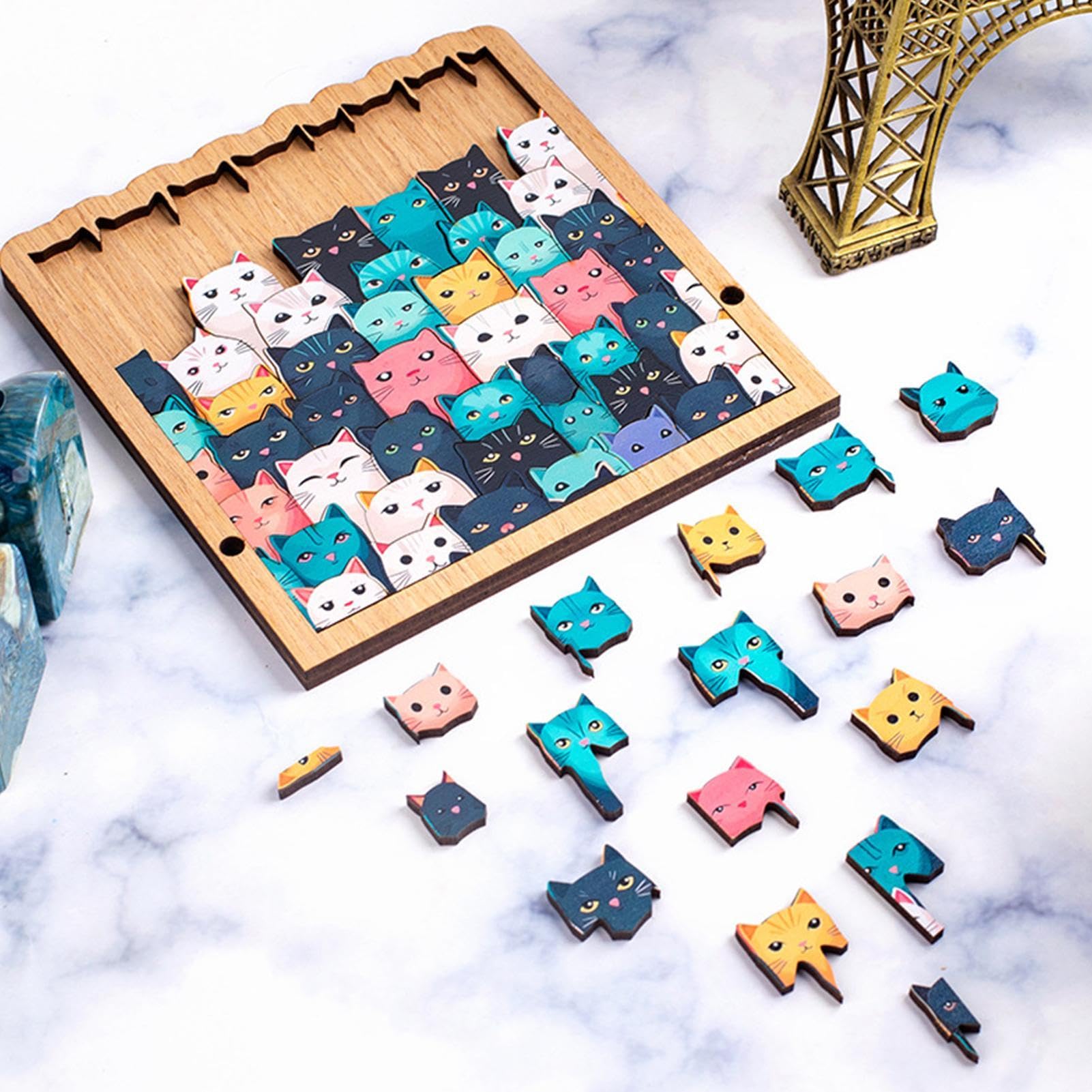 Puzzle w kształcie kot, unikalne drewniane puzzle, dla entuzjastów puzzli, rodziny i przyjaciół