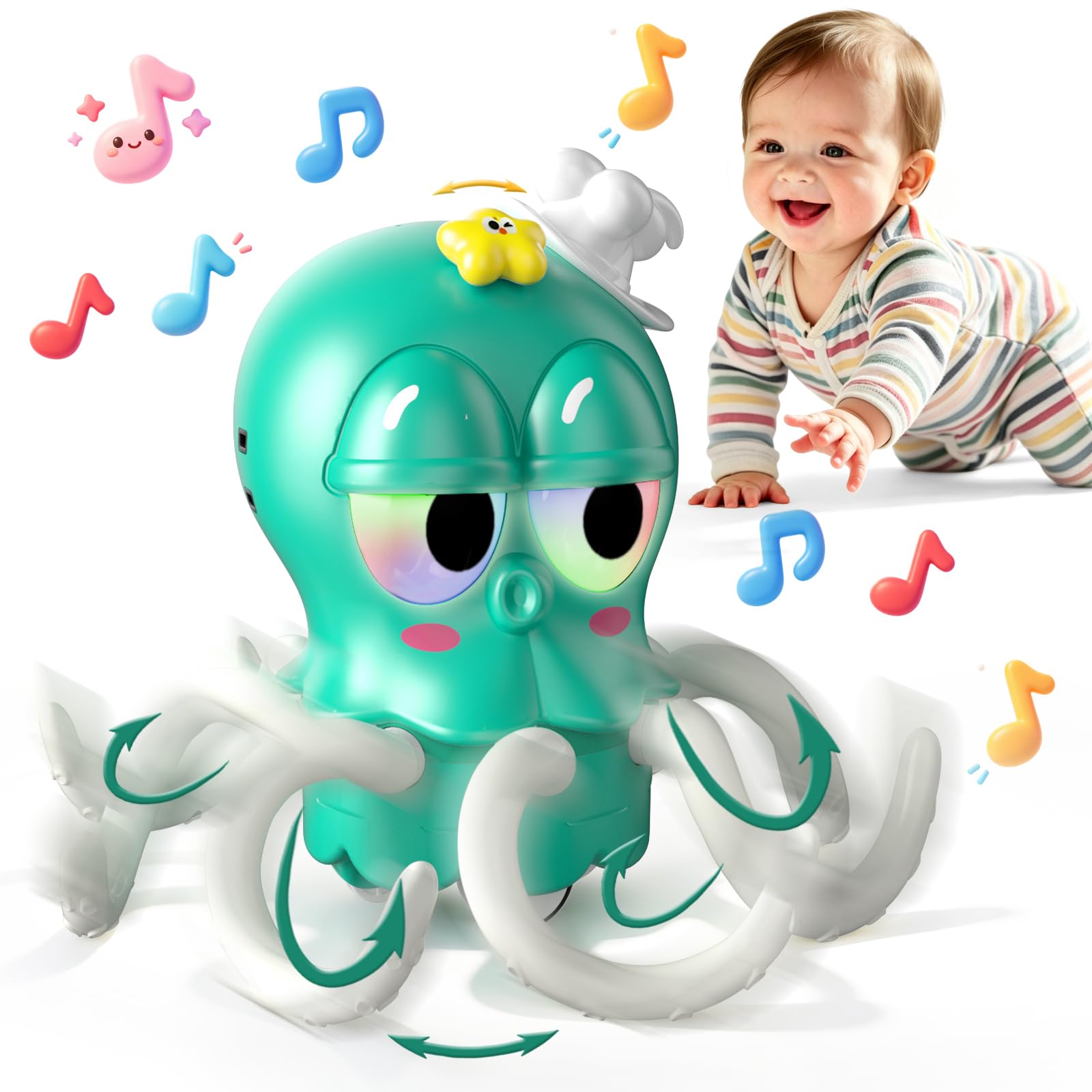 AOTIBO Dancing Octopus Kids Toy, Baby Tummy Time Crawling Toys, Dancing Squid with Music & Light for Boys Girls 2 3 4 5 6 Years Old, Infant Learning Crawling Walking Toy Toddler Xmas Birthday Gifts Green
