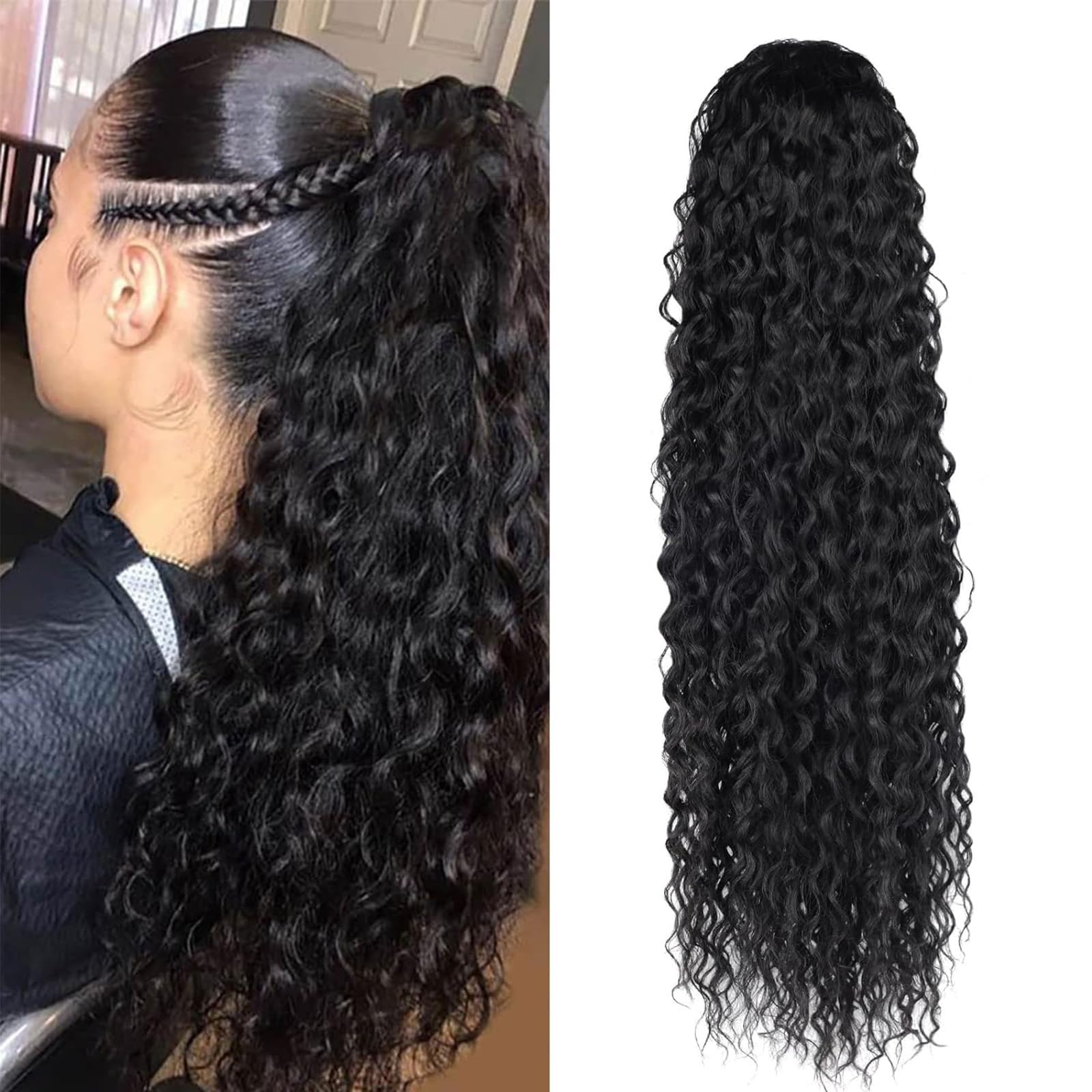 SAKALAKA Ponytail Extension Drawstring Human Hair Clip in Pony Tail Extensions for Black Women Curly Wave Thick Natural Looking Hair Pieces Water Wave