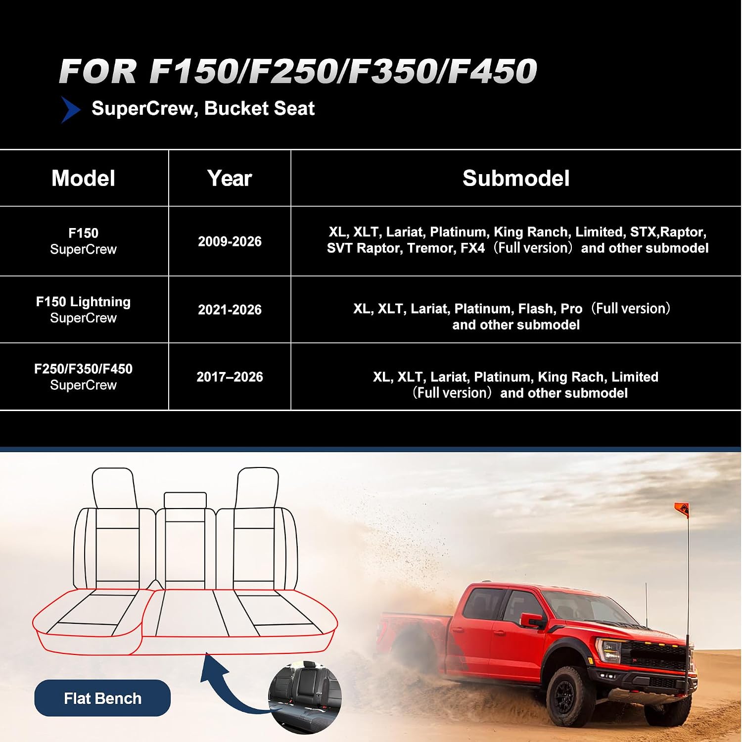 for Ford F150 Seat Covers 2009-2024 2025 2026 F250 F350 F450 2017-2025 2026, Leather Ice Silk Waterproof Trucks Pickup Seat Covers Custom Fit for Ford F150