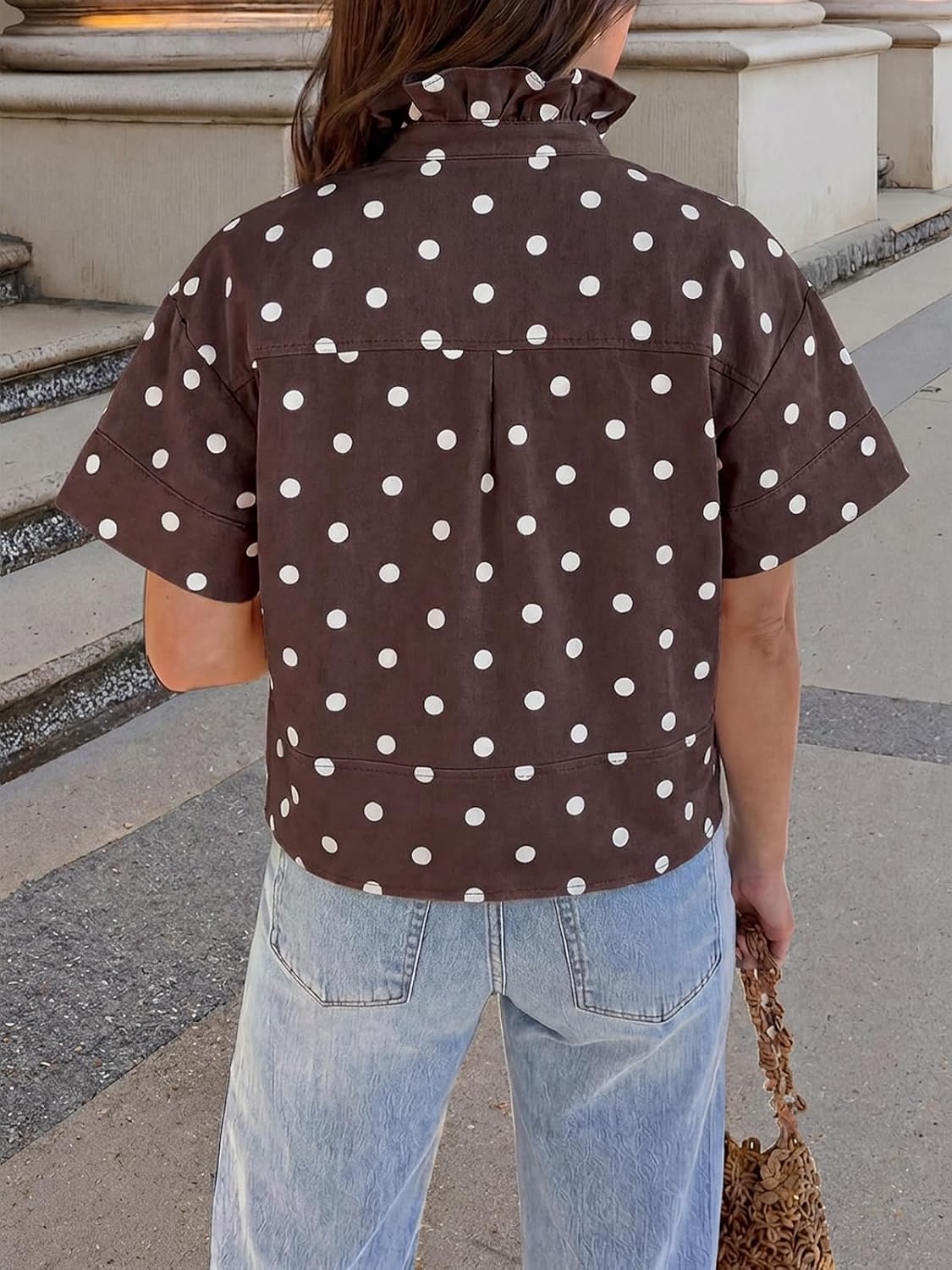 Tankaneo Womens Polka Dot Button Down Denim Shirts Summer Short Sleeve Cropped Tops Dressy Casual Loose Fit Blouses