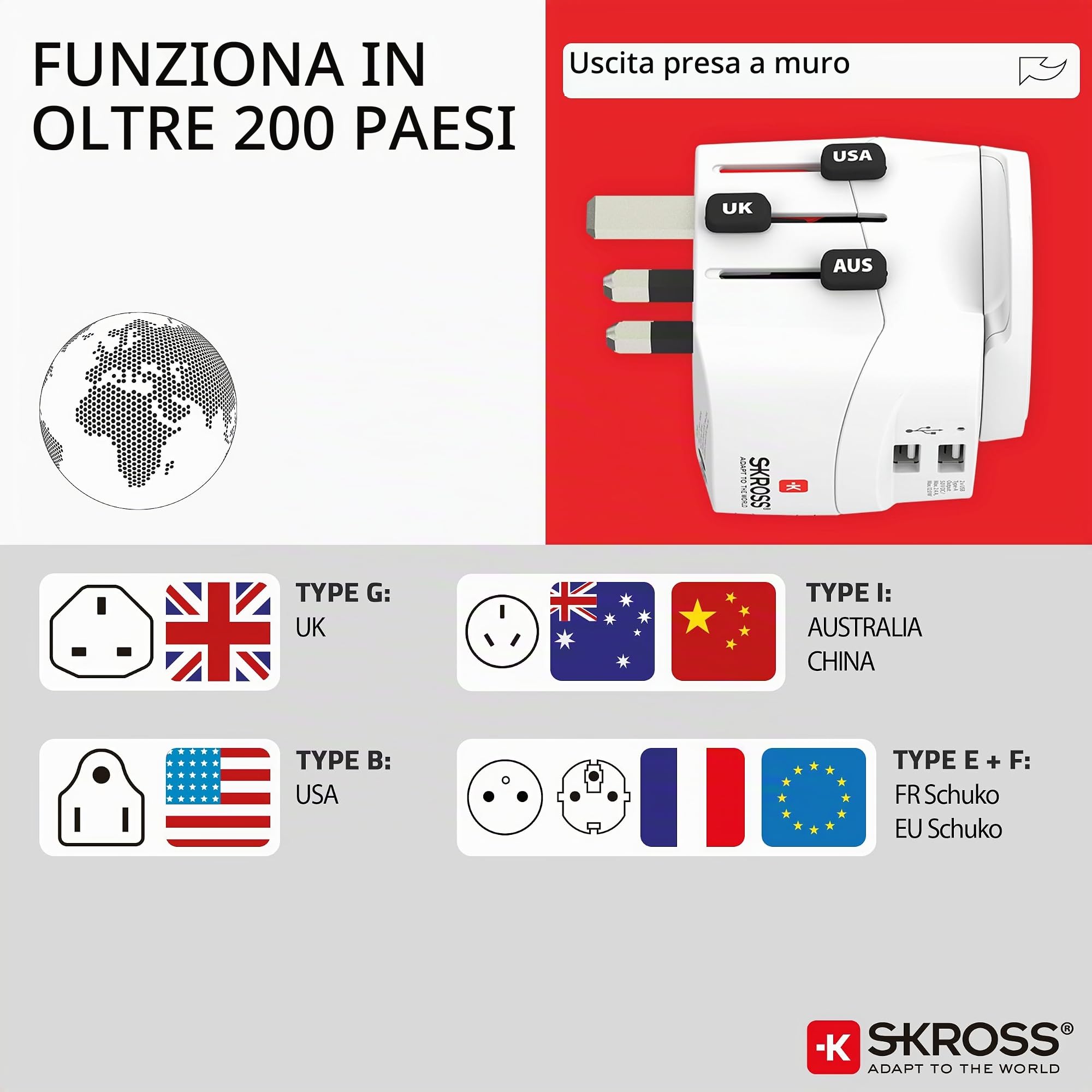 SKROSS - Adattatore da viaggio - World to Europe - con spina di terra (senza Svizzera e Italia) + 2xUSB 2400 mA