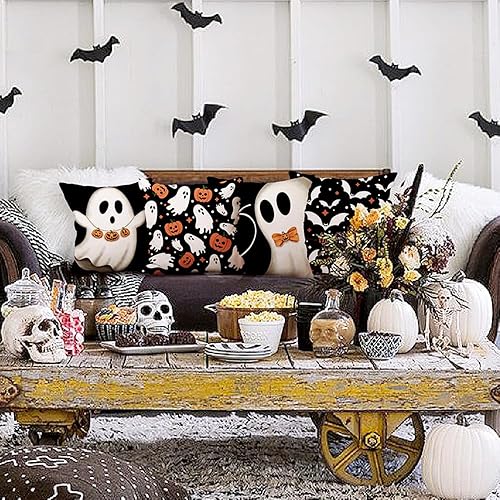 Miniatura 6 de DFXSZ Juego de 4 fundas de almohada de Halloween de 16 x 16 pulgadas, decoraciones de Halloween, calabazas fantasmas, murciélagos, decoración de