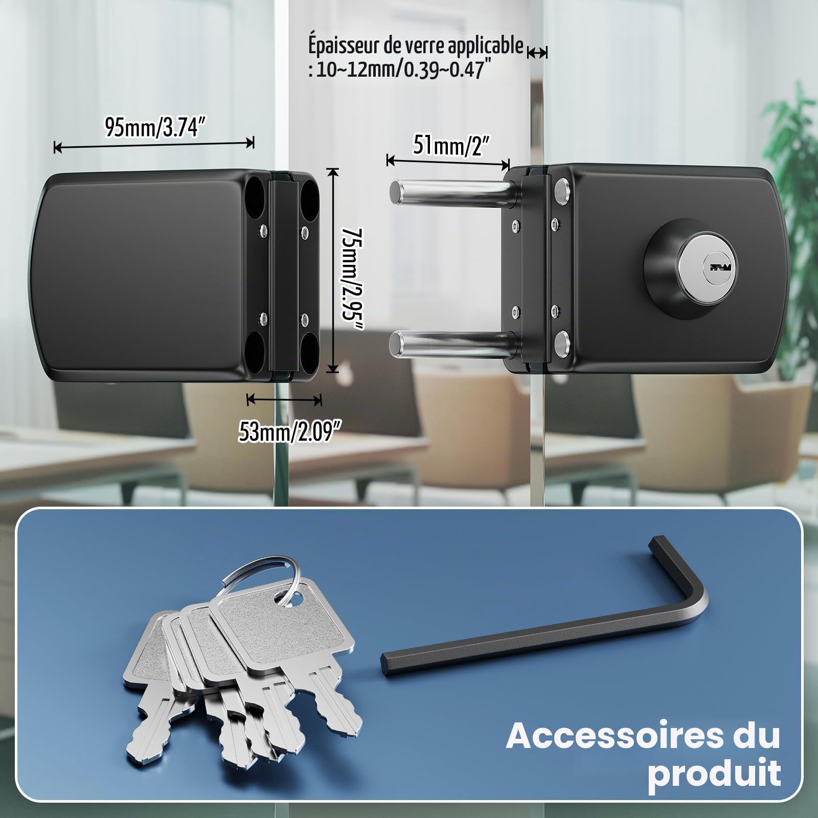 Serrure pour Porte en Verre Sans Perçage en Acier Inoxydable 304, Finition Noir Mat, Double Verrouillage Clé et Bouton, Sécurité Renforcée pour Verre Trempé 10–12 mm, Maison Bureau Salle de Bain