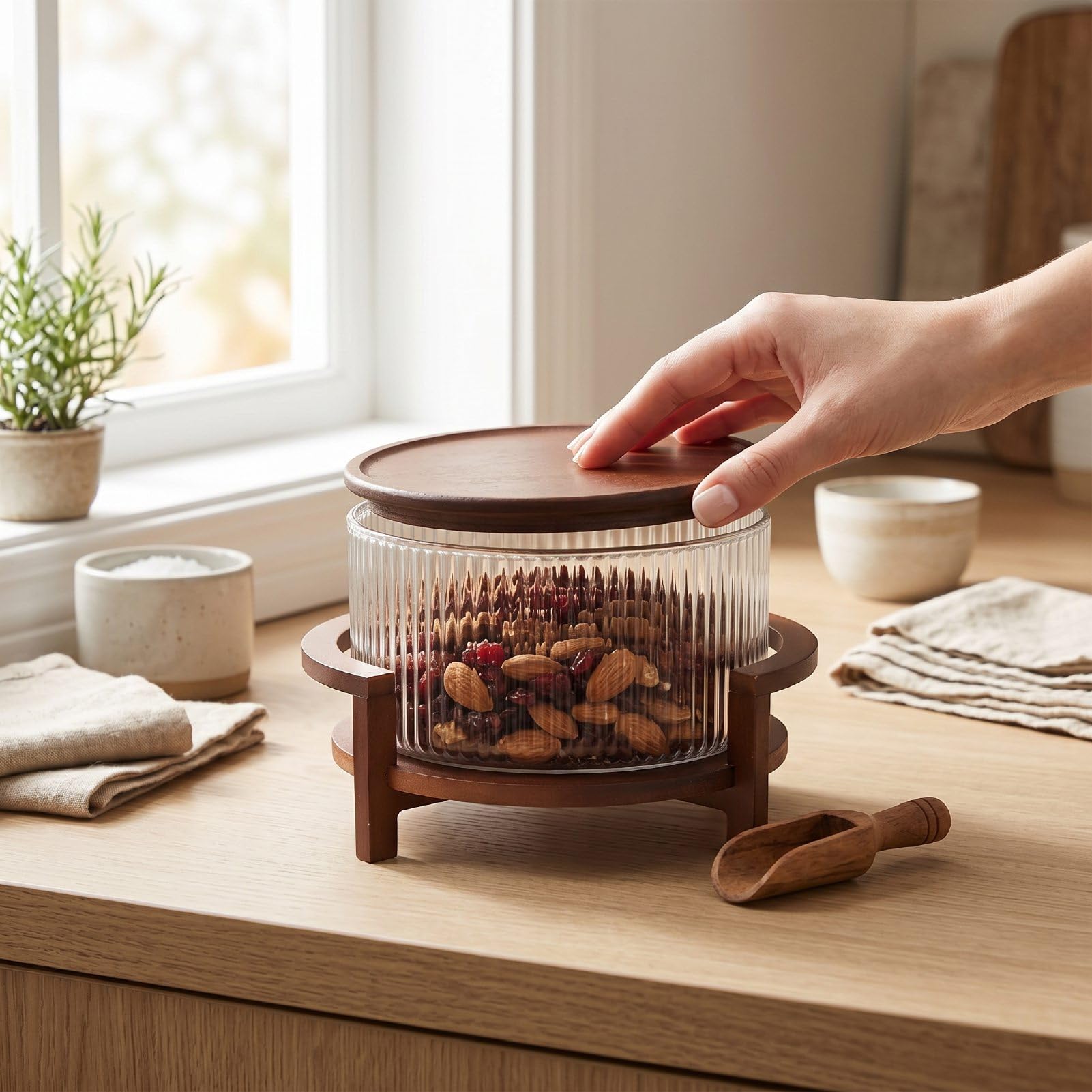 Denash Ensaladera de Vidrio de 4,3 L con Soporte y Tapa de Madera, Cuenco Grande a Prueba de Calor para Frutas, Ensaladas y Platos Principales, Cenas Reuniones en Casa