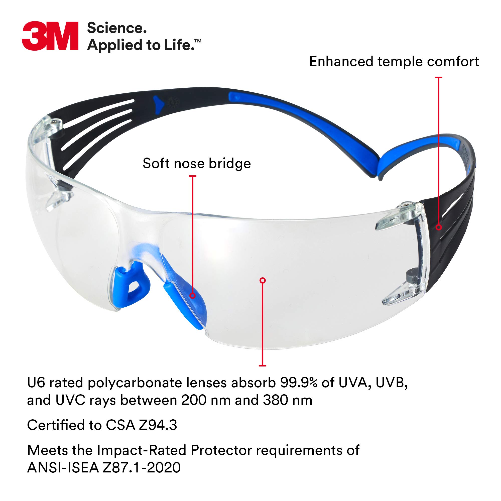 3M Okulary ochronne SecureFit ANSI Z87, Scotchgard przeciwmgielne odporne na zarysowania, przezroczyste soczewki, niebiesko-szara ramka, bezpieczne wygodne dopasowanie